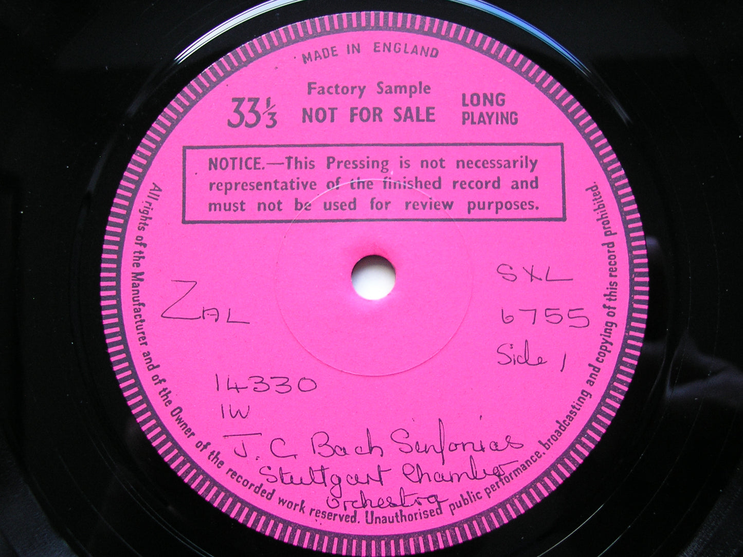 BACH JC: SINFONIAS Op. 18  Nos. 2 / 4 / 6 / TELEMANN: DON QUICHOTTE Suite      MUNCHINGER / STUTTGART CHAMBER ORCHESTRA    test pressing     SXL 6755