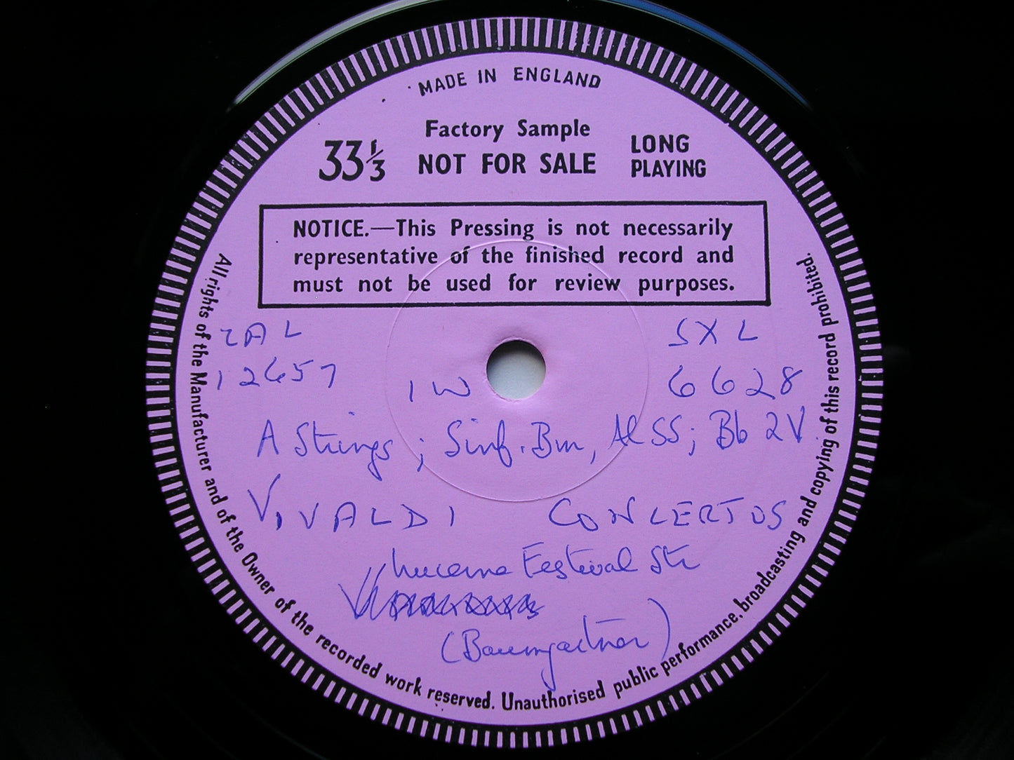 VIVALDI: TWO SINFONIAS / FOUR CONCERTOS FOR STRINGS     BAUMGARTNER / LUCERNE FESTIVAL STRINGS   test pressing     SXL 6628