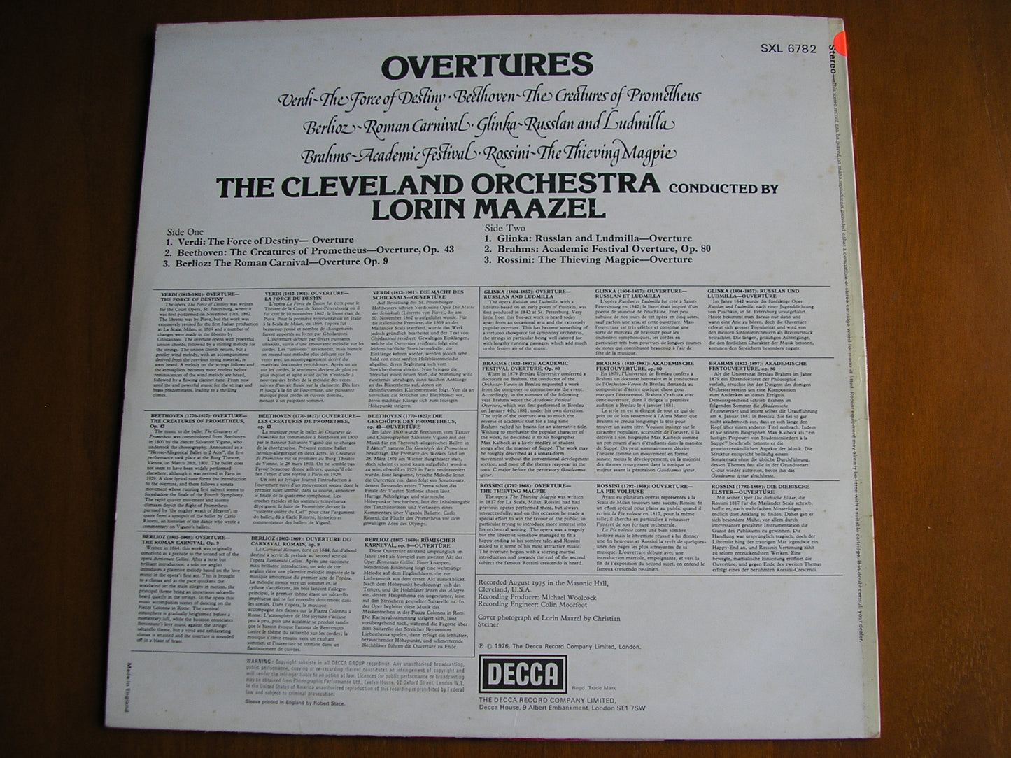 OVERTURES: VERDI / BEETHOVEN / BERLIOZ / GLINKA / BRAHMS / ROSSINI      MAAZEL / CLEVELAND ORCHESTRA   test pressing    SXL 6782