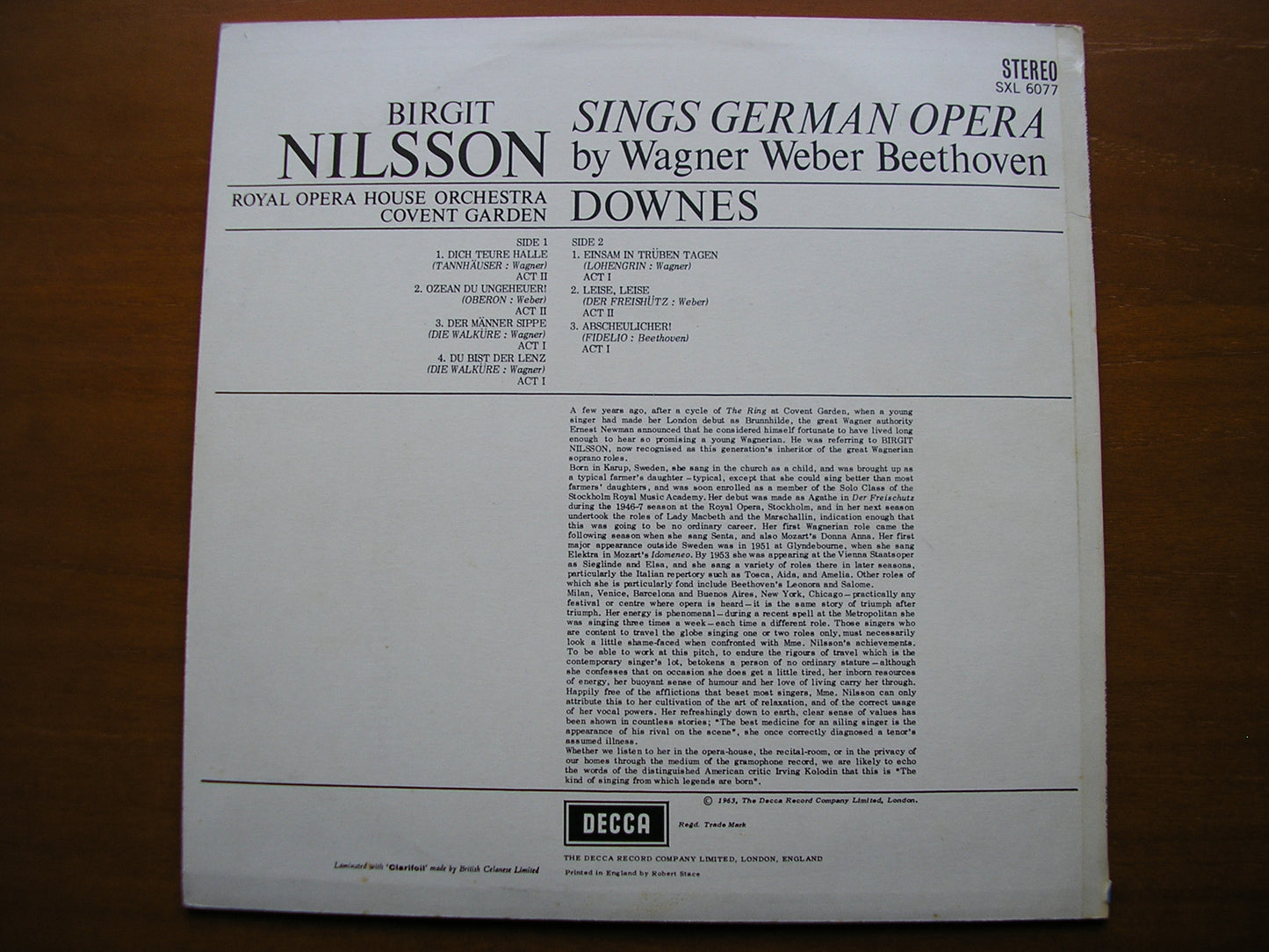 SXL 6077  GERMAN OPERA ARIAS: BEETHOVEN / WEBER / WAGNER       NILSSON / OROHCG / DOWNES      ED1