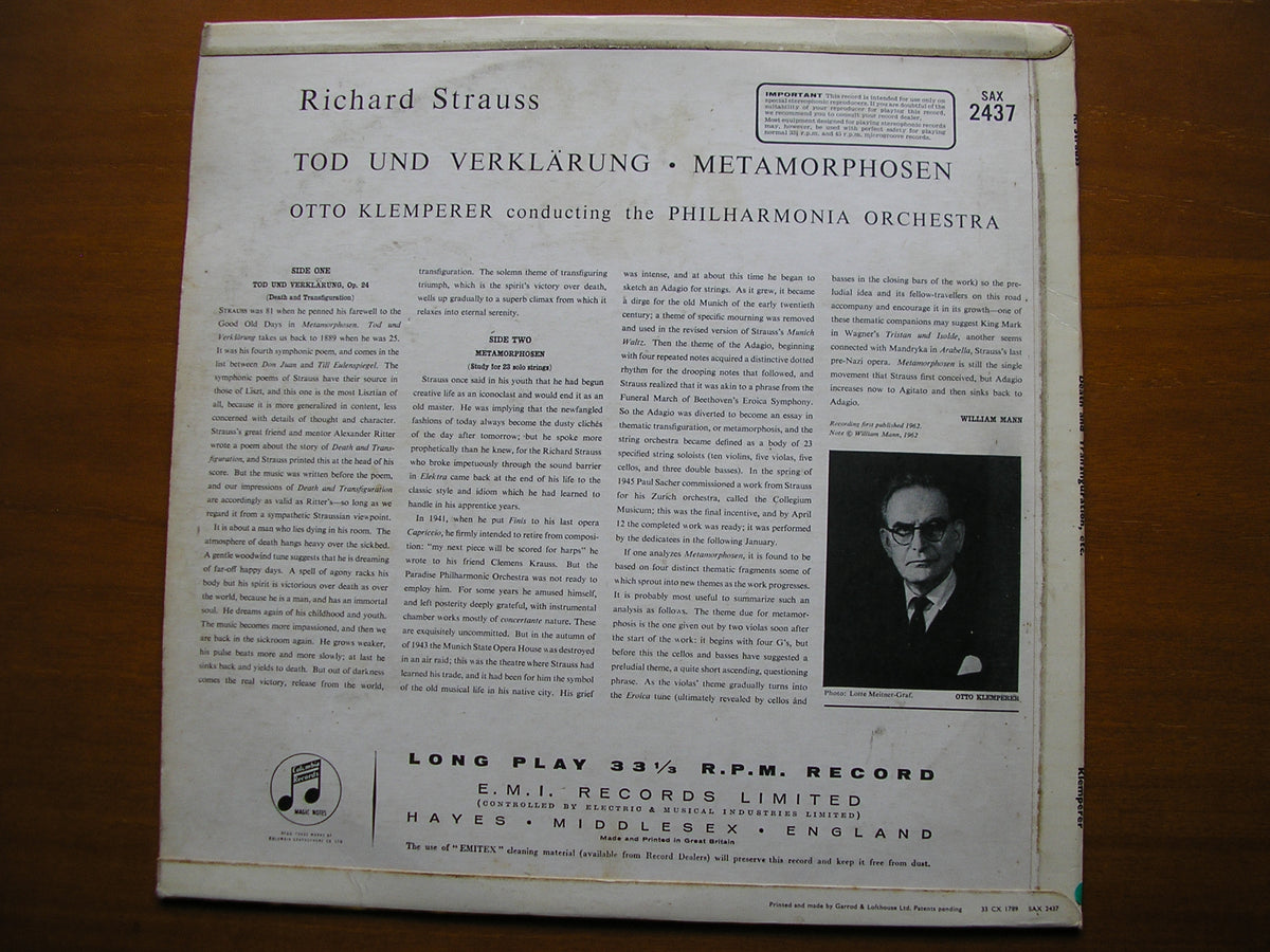 STRAUSS: METAMORPHOSEN / TOD UND VERKLARUNG      KLEMPERER / PHILHARMONIA       SAX 2437
