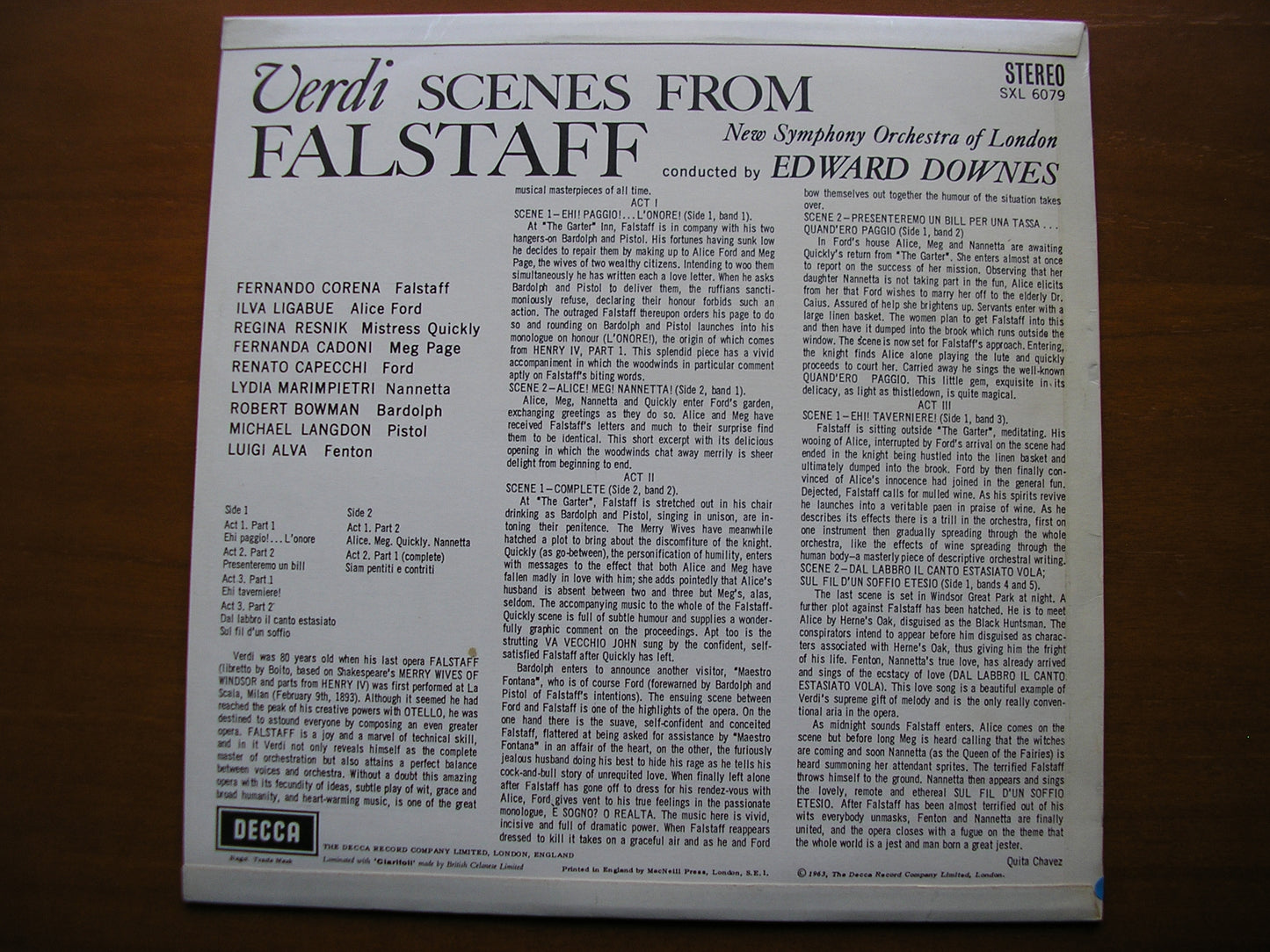 SXL 6079  VERDI: FALSTAFF  excerpts     CORENA / LIGABUE / RESNIK / ALVA / NSOL / DOWNES     ED1