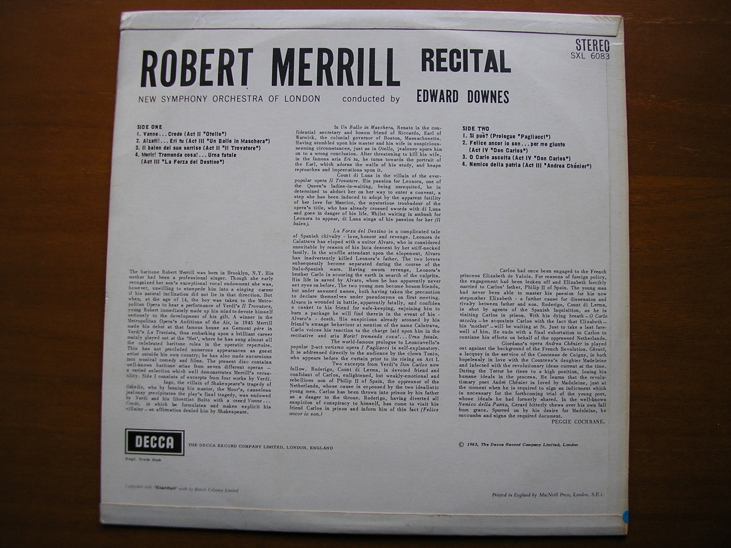 SXL 6083  ROBERT MERRILL SINGS OPERA ARIAS: VERDI / LEONCAVALLO / GIORDANO      NEW SYMPHONY ORCHESTRA / DOWNES      ED1
