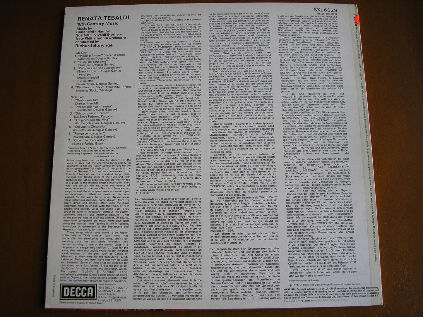 RENATA TEBALDI SINGS ARIAS & SONGS OF THE 18th CENTURY        TEBALDI / NEW PHILHARMONIA / BONYNGE    test pressing   SXL 6629