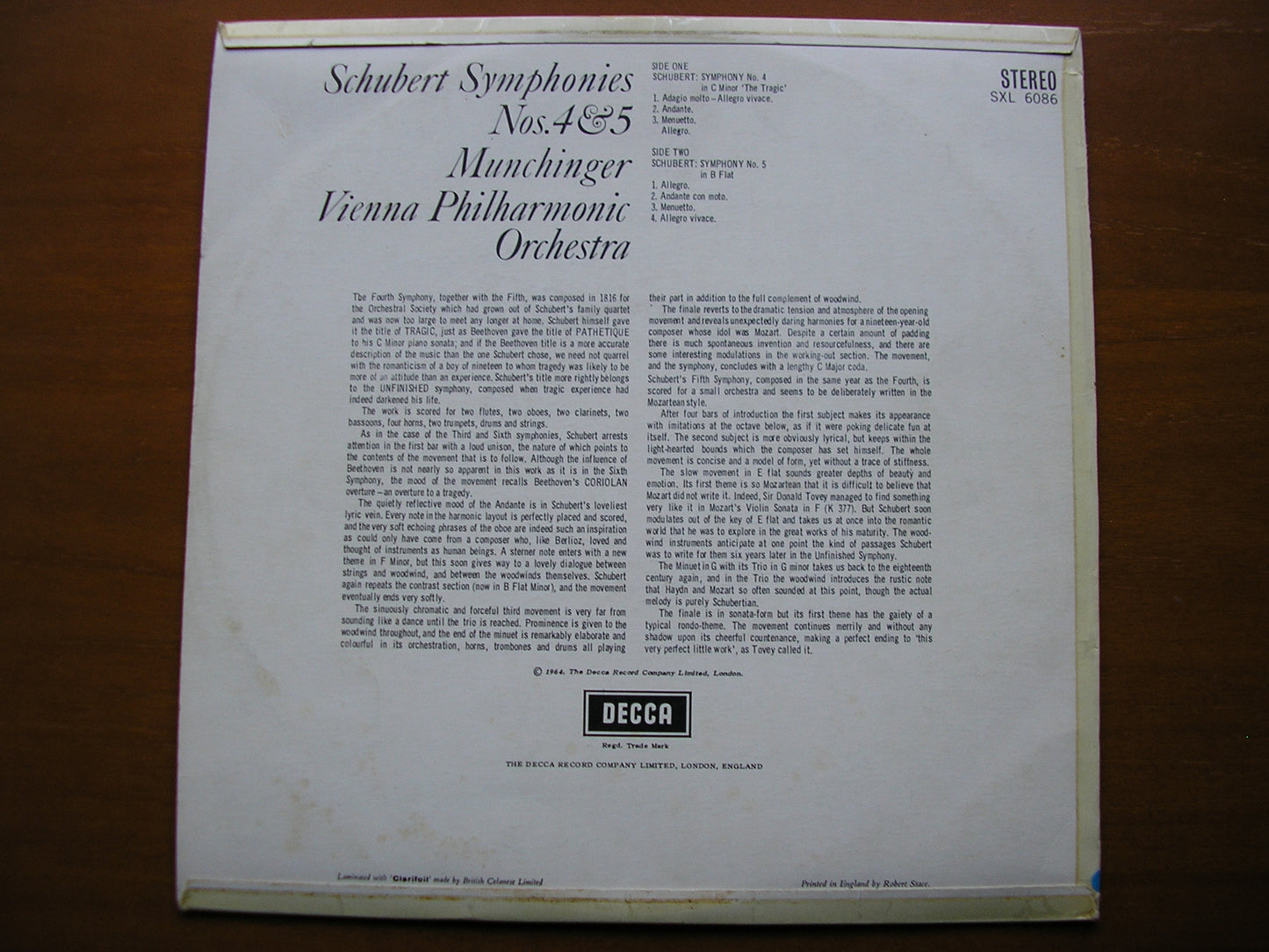 SXL 6086  SCHUBERT: SYMPHONIES Nos. 4 & 5     MUNCHINGER / VIENNA PHILHARMONIC     ED1