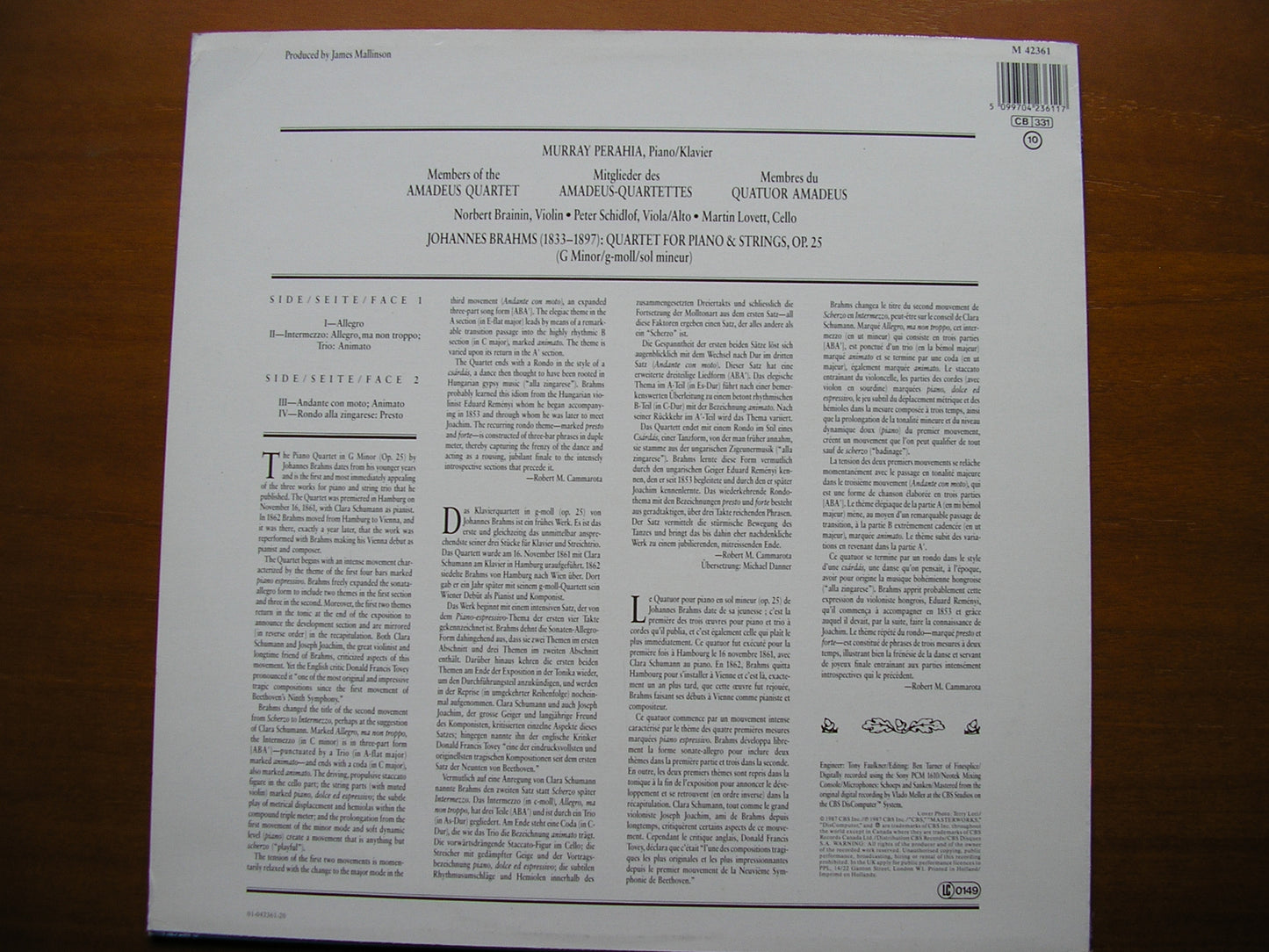 BRAHMS: PIANO QUARTET No. 1      PERAHA / MEMBERS OF AMADEUS QUARTET     M 42361