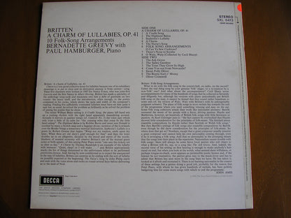 BRITTEN: A CHARM OF LULLABIES / FOLK SONGS      BERNADETTE GREEVY / PAUL HAMBURGER    test pressing     SXL 6413