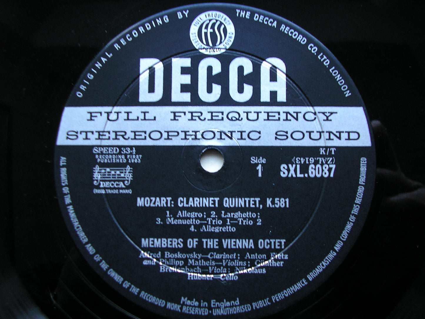 SXL 6087  MOZART: CLARINET QUINTET K581 / DIVERTIMENTO K247     BOSKOVSKY / VIENNA OCTET     ED1