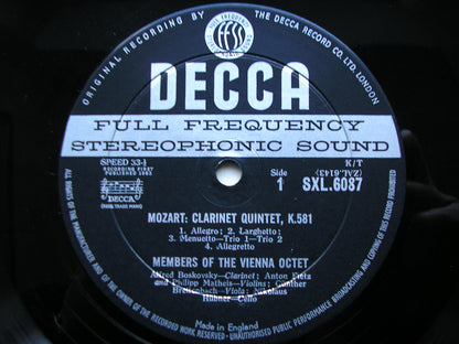 SXL 6087  MOZART: CLARINET QUINTET K581 / DIVERTIMENTO K247     BOSKOVSKY / VIENNA OCTET     ED1