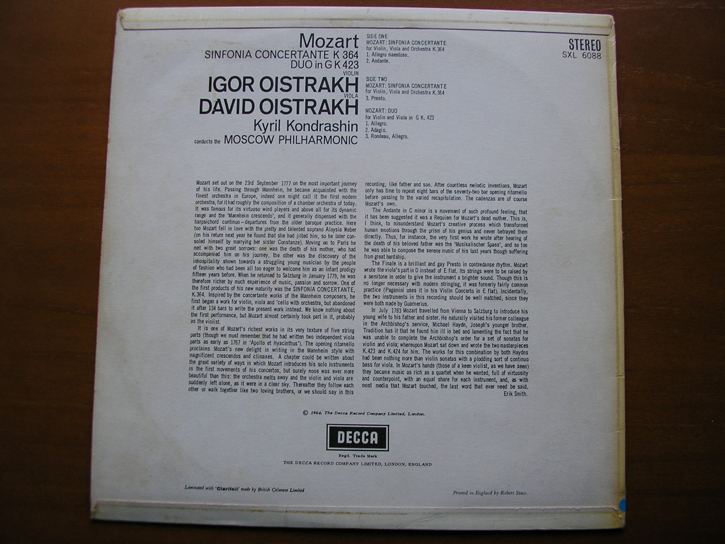 SXL 6088  MOZART: SINFONIA CONCERTANTE / DUO    DAVID & IGOR OISTRAKH / MOSCOW PHILHARMONIC / KONDRASHIN     ED1