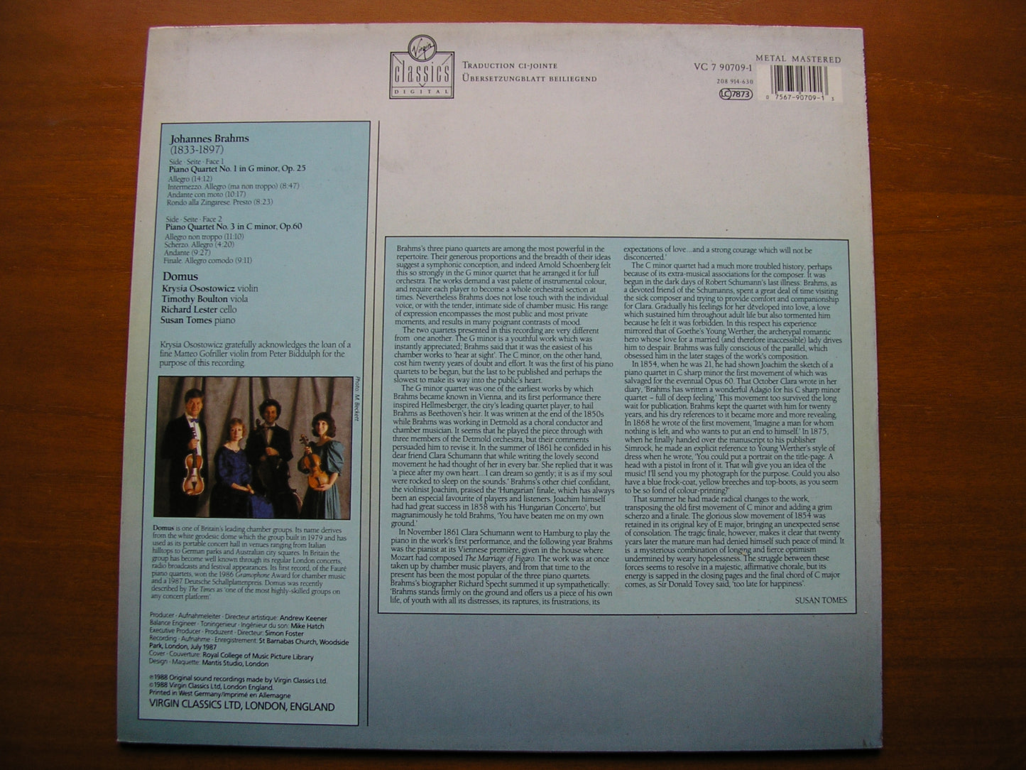 BRAHMS: PIANO QUARTET No. 1   Op. 25 / PIANO QUARTET No. 3 Op. 60      DOMUS    VC 7 90709