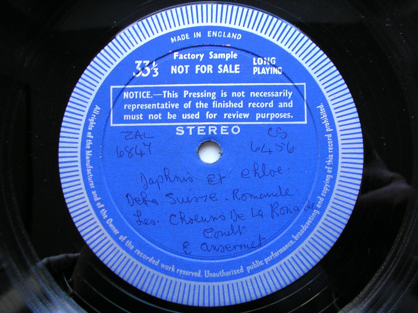 RAVEL: DAPHNIS & CHLOE complete ballet     ANSERMET / SUISSE ROMANDE   test pressing    SXL 6204