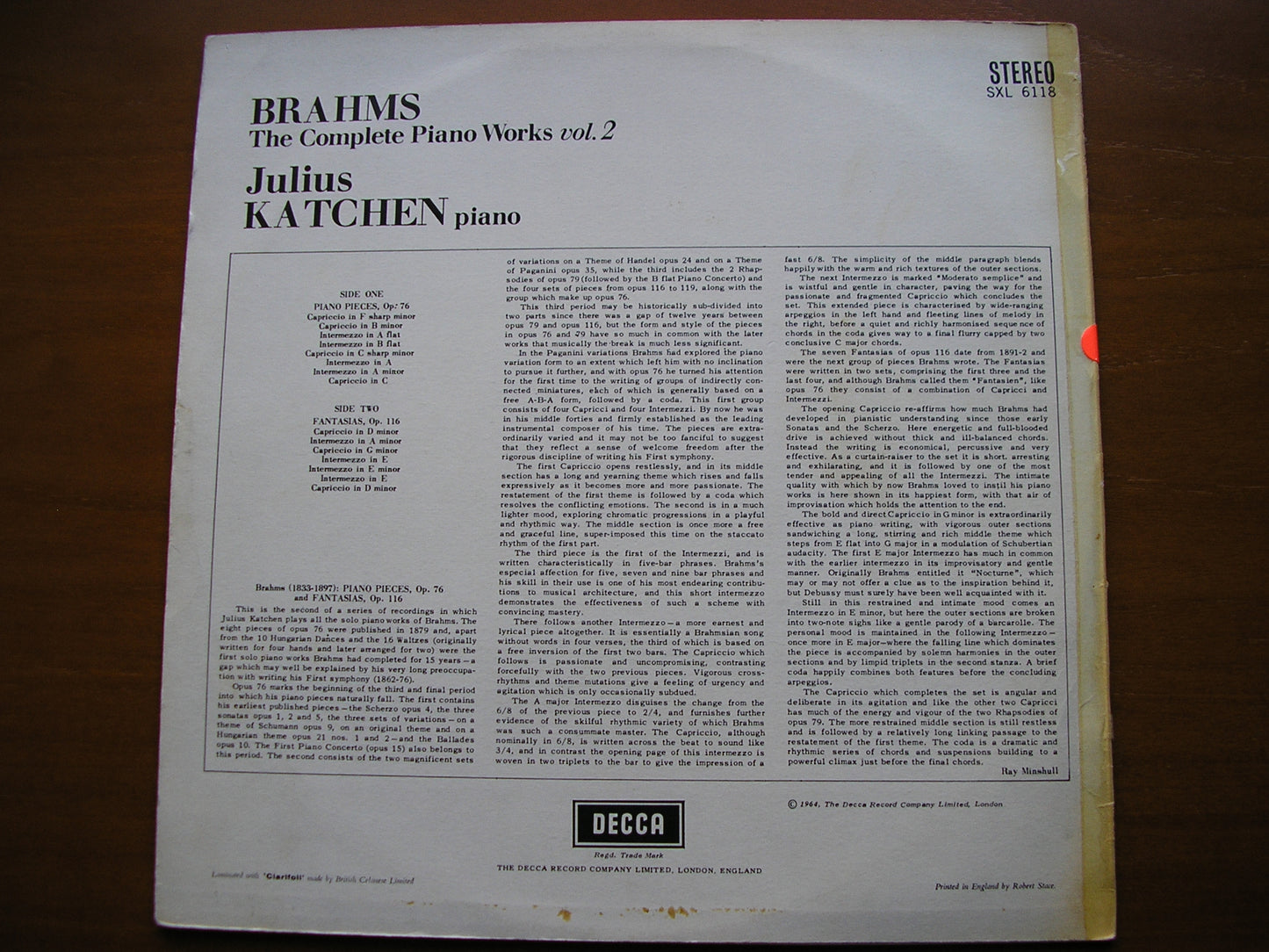 BRAHMS: COMPLETE SOLO PIANO MUSIC Volume 2: PIANO PIECES Op.76 / FANTASIAS Op.116      JULIUS KATCHEN    test pressing      SXL 6118