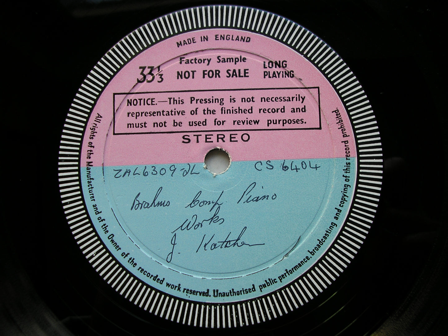 BRAHMS: COMPLETE SOLO PIANO MUSIC Volume 2: PIANO PIECES Op.76 / FANTASIAS Op.116      JULIUS KATCHEN    test pressing      SXL 6118