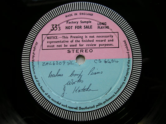 BRAHMS: COMPLETE SOLO PIANO MUSIC Volume 2: PIANO PIECES Op.76 / FANTASIAS Op.116      JULIUS KATCHEN    test pressing      SXL 6118