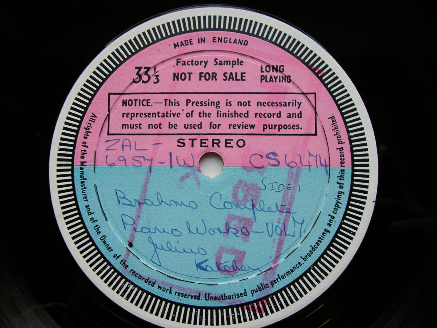 BRAHMS: COMPLETE SOLO PIANO MUSIC Volume 7: HANDEL VARIATIONS / PAGANINI VARIATIONS     JULIUS KATCHEN      test pressing    SXL 6218