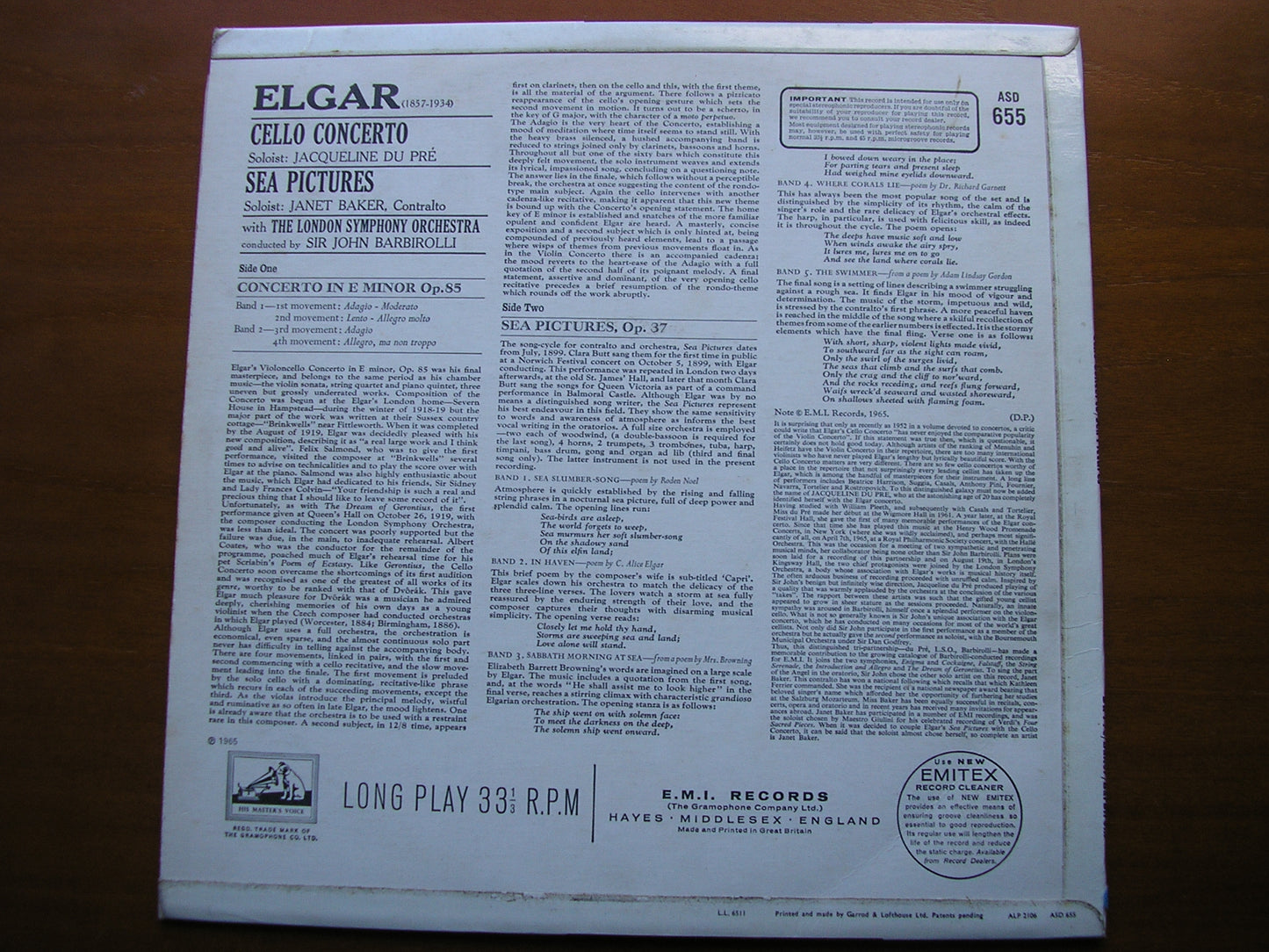 ELGAR: CELLO CONCERTO / SEA PICTURES    DU PRE / BAKER / LONDON SYMPHONY / BARBIROLLI      ASD 655