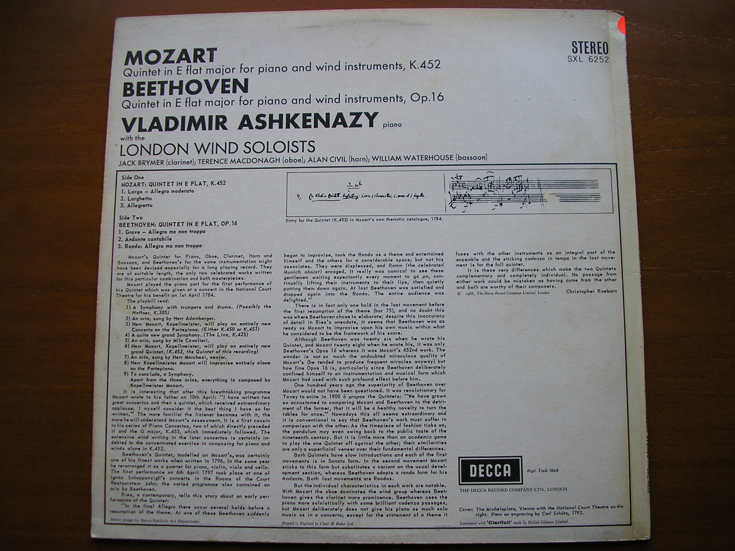 MOZART & BEETHOVEN: PIANO QUINTETS     ASHKENAZY / LONDON WIND SOLOISTS    test pressing     SXL 6252