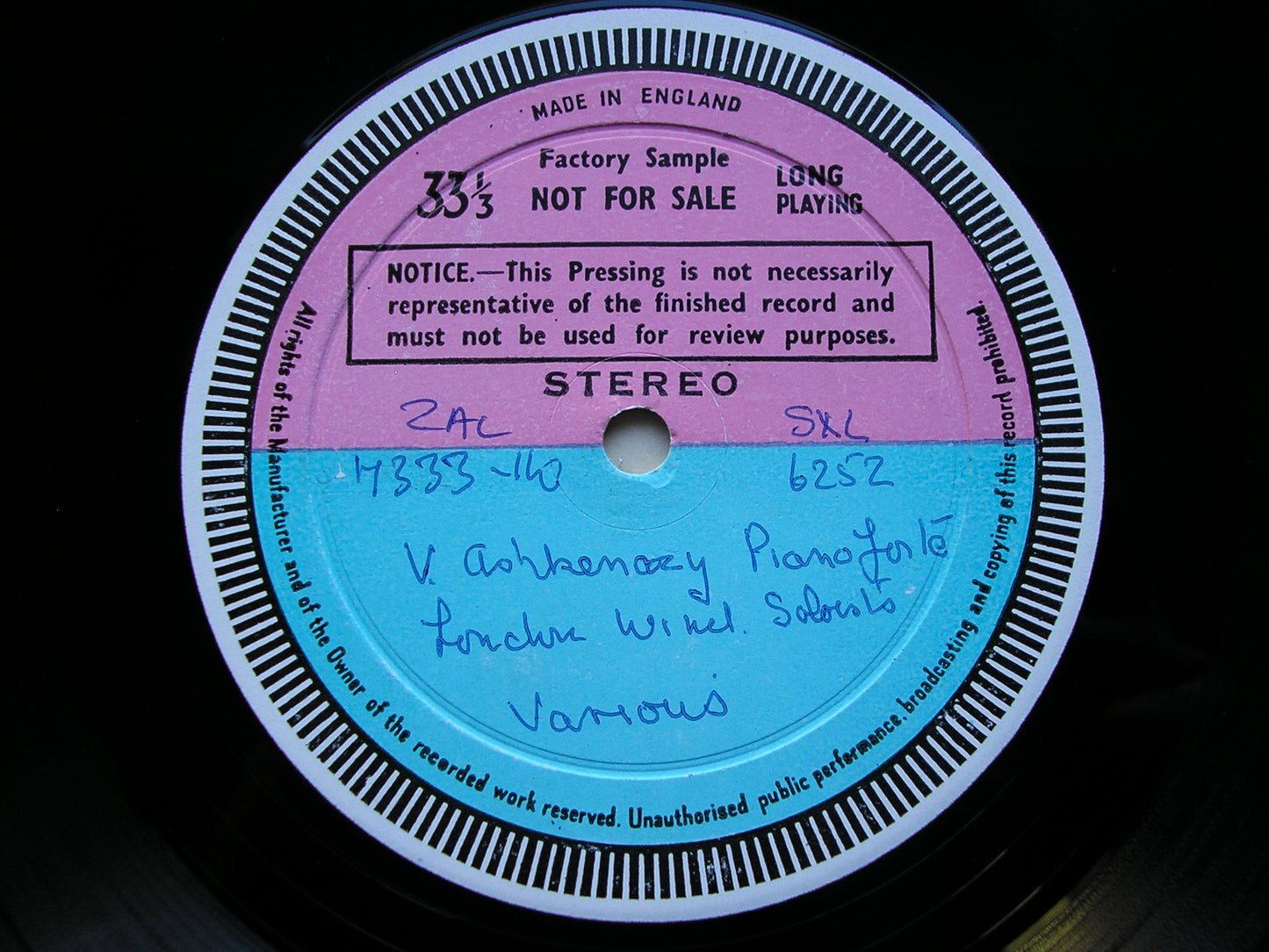 MOZART & BEETHOVEN: PIANO QUINTETS     ASHKENAZY / LONDON WIND SOLOISTS    test pressing     SXL 6252