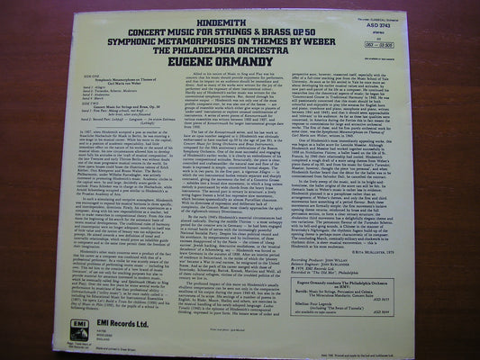HINDEMITH: CONCERT MUSIC / SYMPHONIC METAMORPHOSIS      EUGENE ORMANDY / PHILADELPHIA     ASD 3743