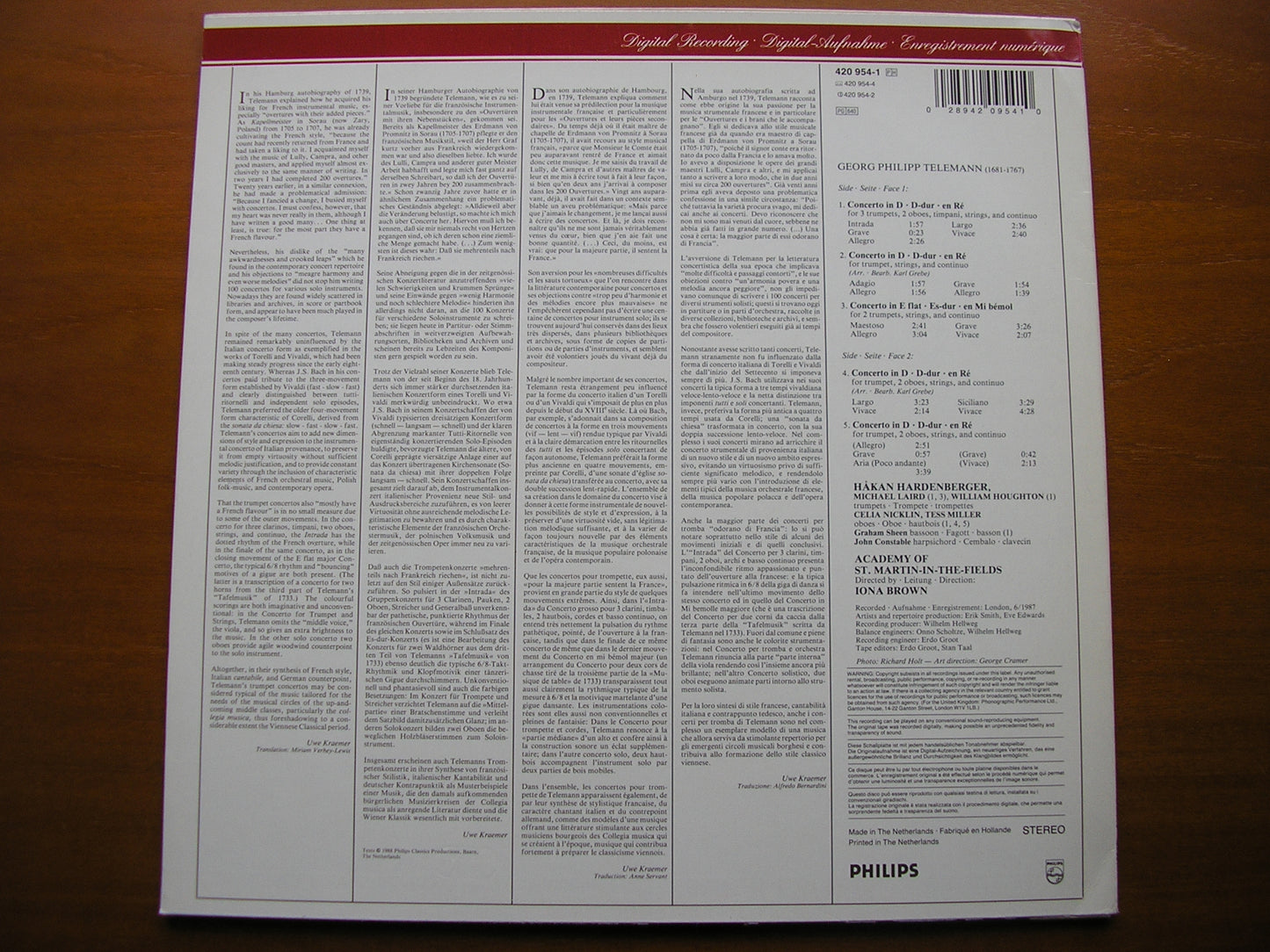 TELEMANN: TRUMPET CONCERTOS     HARDENBERGER / LAIRD / HOUGHTON / ASMIF / BROWN    420 954