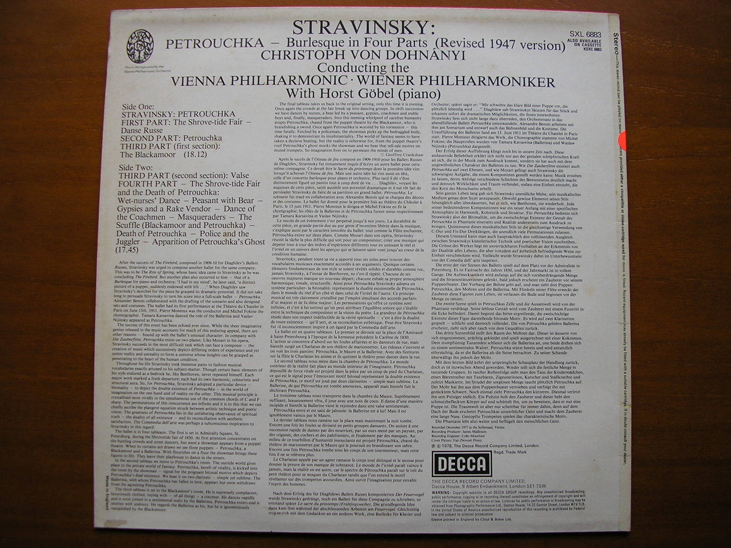 STRAVINSKY: PETROUCHKA  (1947 version)     VON DOHNANYI / VIENNA PHILHARMONIC   test pressing    SXL 6883