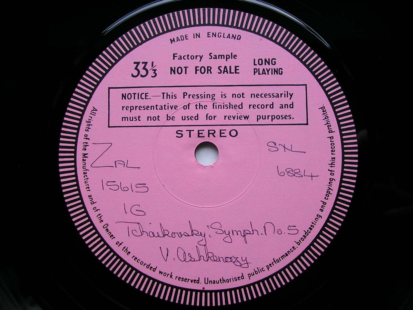 TCHAIKOVSKY: SYMPHONY No. 5      ASHKENAZY / PHILHARMONIA ORCHESTRA    test pressing     SXL 6884