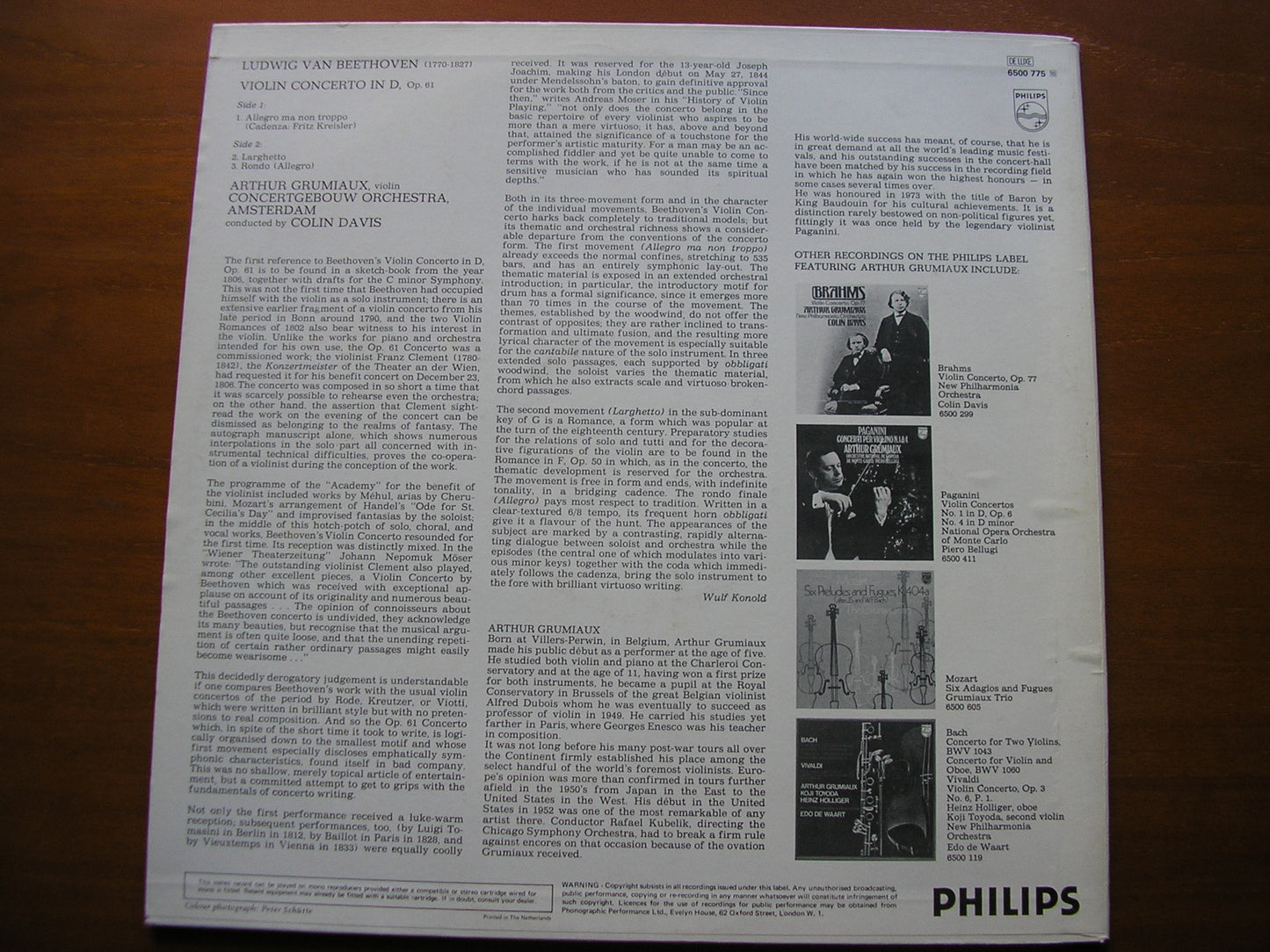 BEETHOVEN: VIOLIN CONCERTO / ARTHUR GRUMIAUX / CONCERTGEBOUW ORCHESTRA / COLIN DAVIS   6500 775