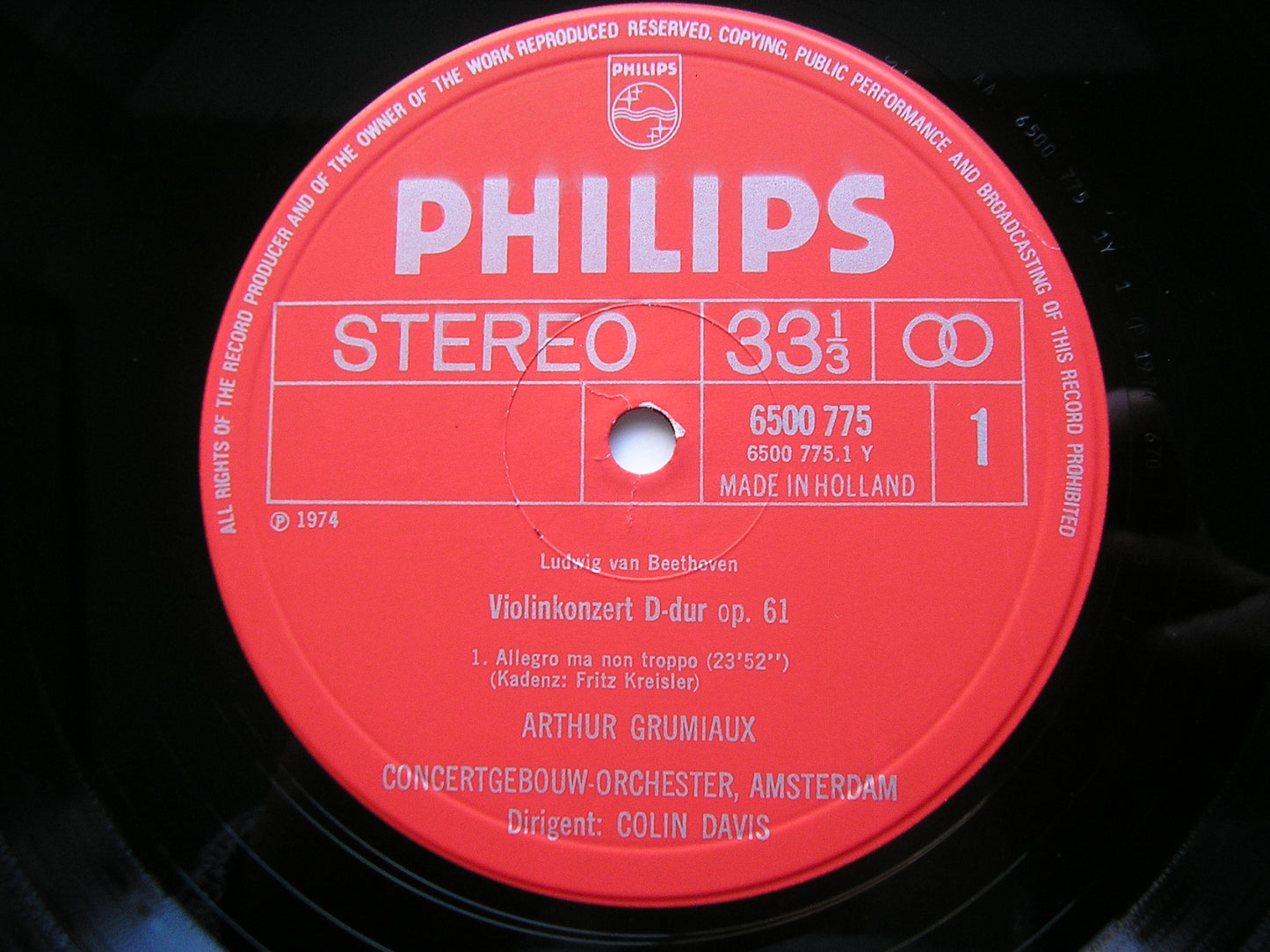BEETHOVEN: VIOLIN CONCERTO / ARTHUR GRUMIAUX / CONCERTGEBOUW ORCHESTRA / COLIN DAVIS   6500 775