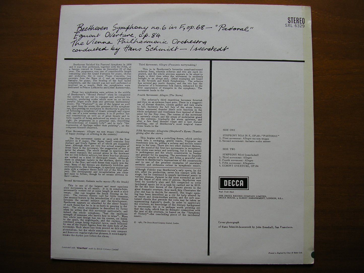 SXL 6329  BEETHOVEN: SYMPHONY No.6 'Pastoral'       SCHMIDT-ISSERSTEDT / VIENNA PHILHARMONIC     ED2