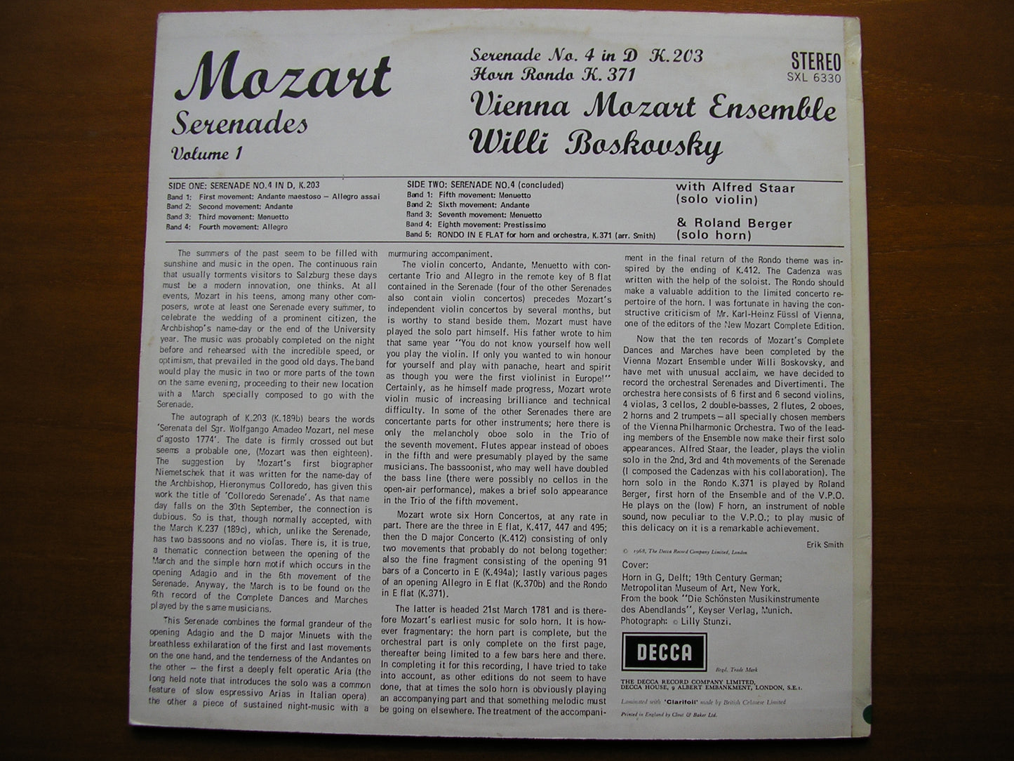 SXL 6330  MOZART: SERENADE No. 4 in D / RONDO K371      VIENNA MOZART ENSEMBLE / BOSKOVSKY     ED2