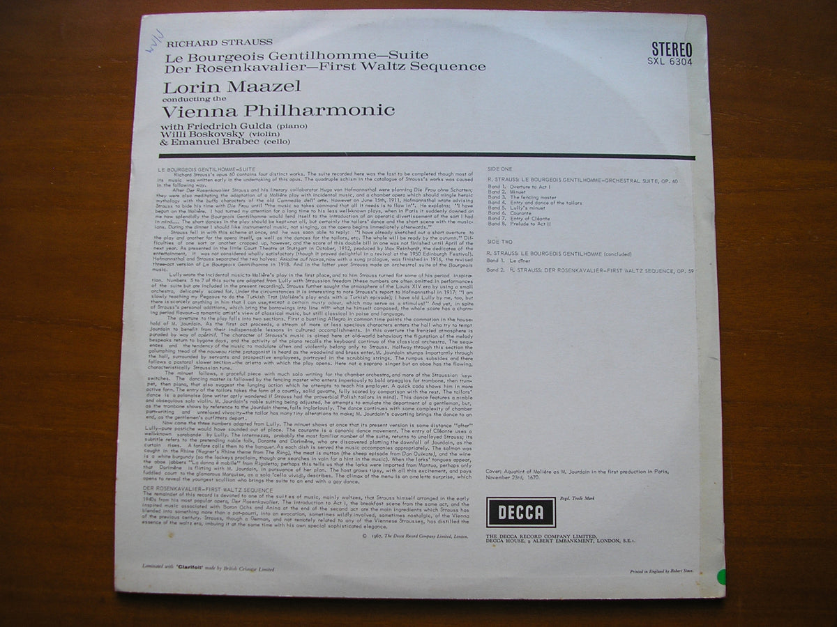 STRAUSS: LE BOURGEOIS GENTILHOMME / ROSENKAVALIER WALTZ SEQUENCE      MAAZEL / VIENNA PHILHARMONIC     SXL 6304