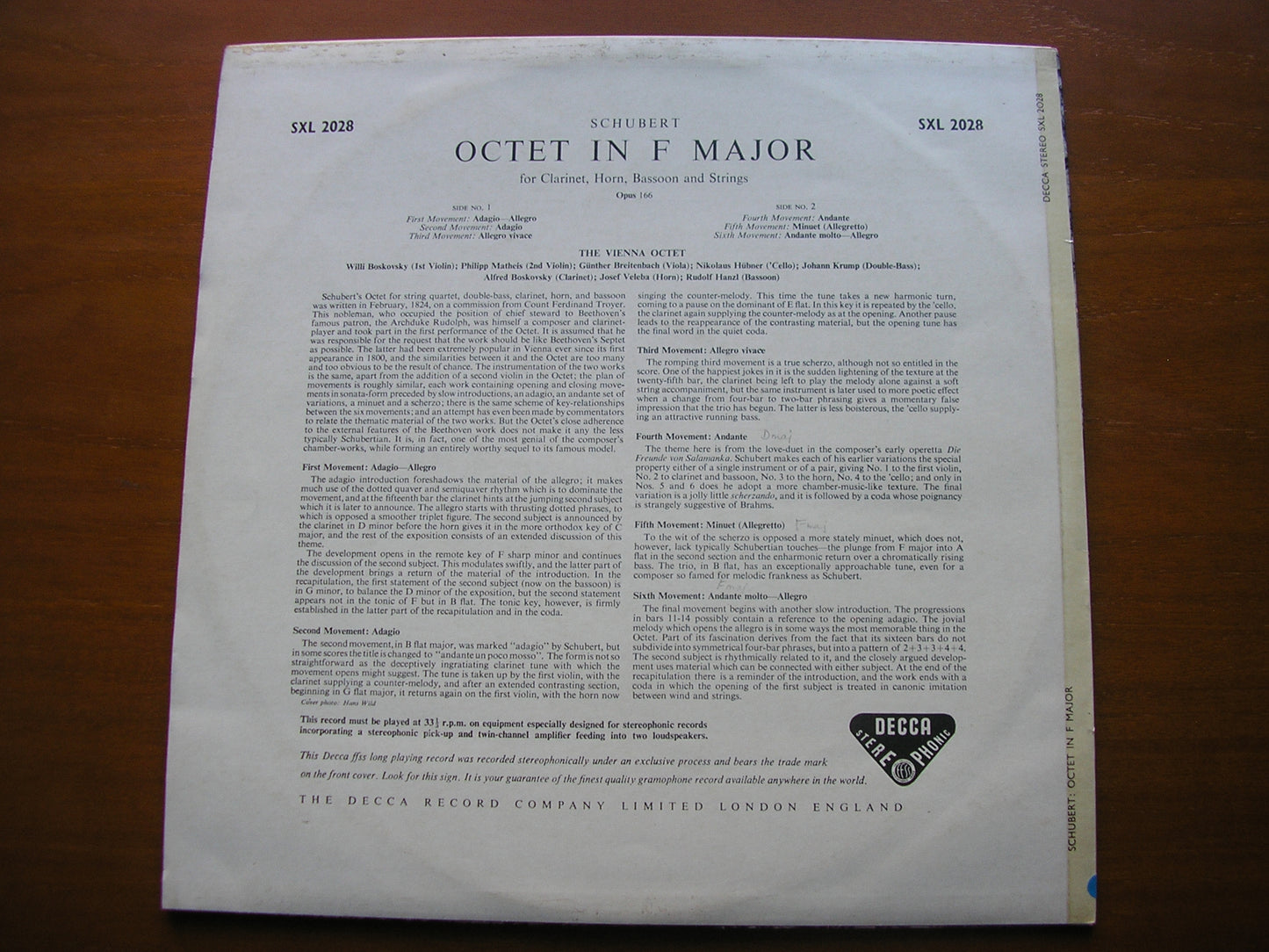 SCHUBERT: OCTET in F    THE VIENNA OCTET    SXL 2028