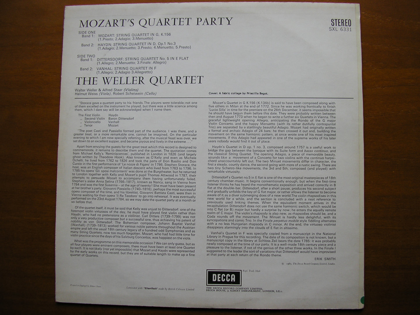 SXL 6331  MOZART'S QUARTET PARTY: HAYDN / DITTERSDORF / VANHAL / MOZART      THE WELLER QUARTET    ED2