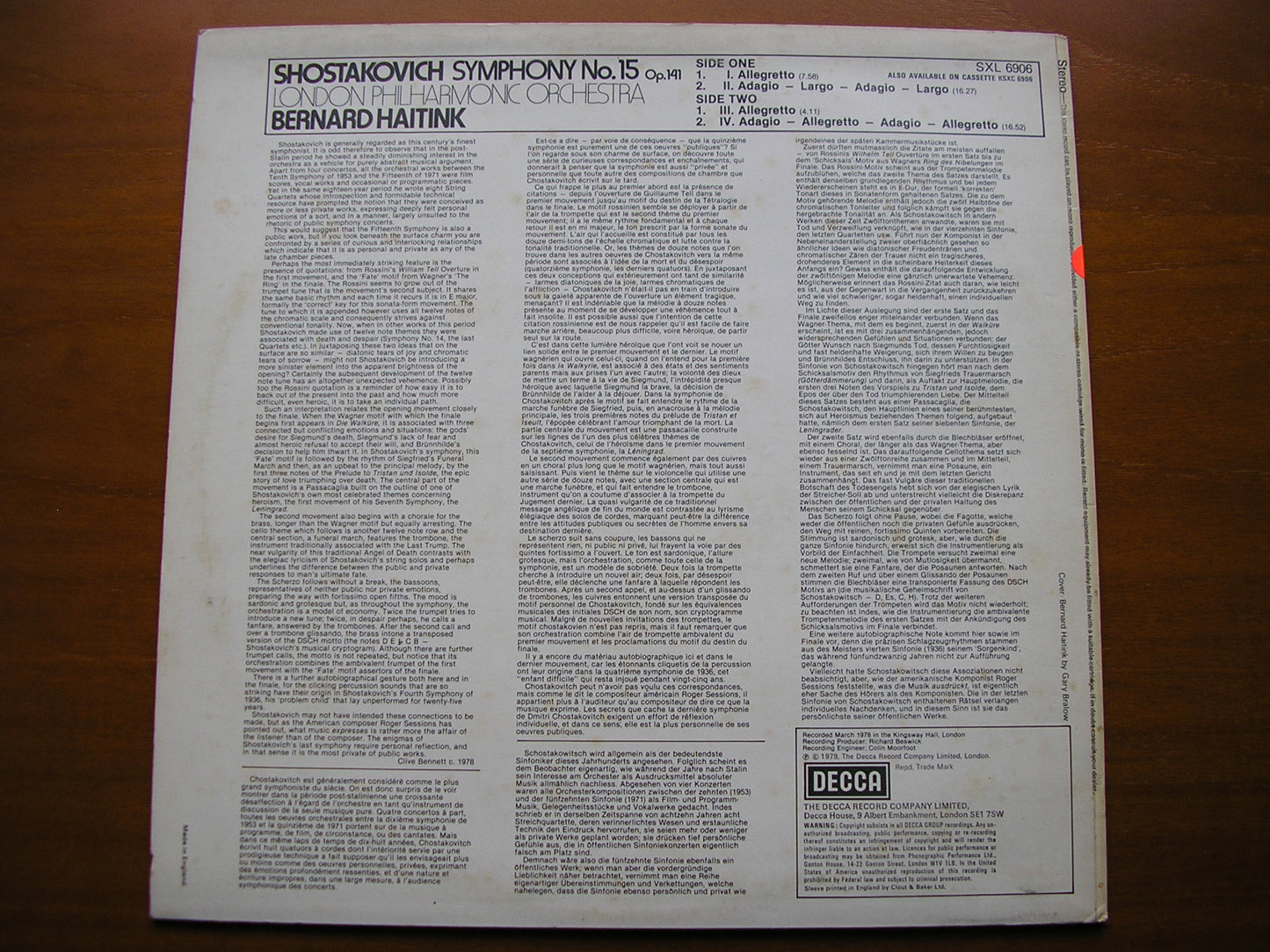 SHOSTAKOVICH: SYMPHONY No. 15      HAITINK / LONDON PHILHARMONIC   test pressing    SXL 6906
