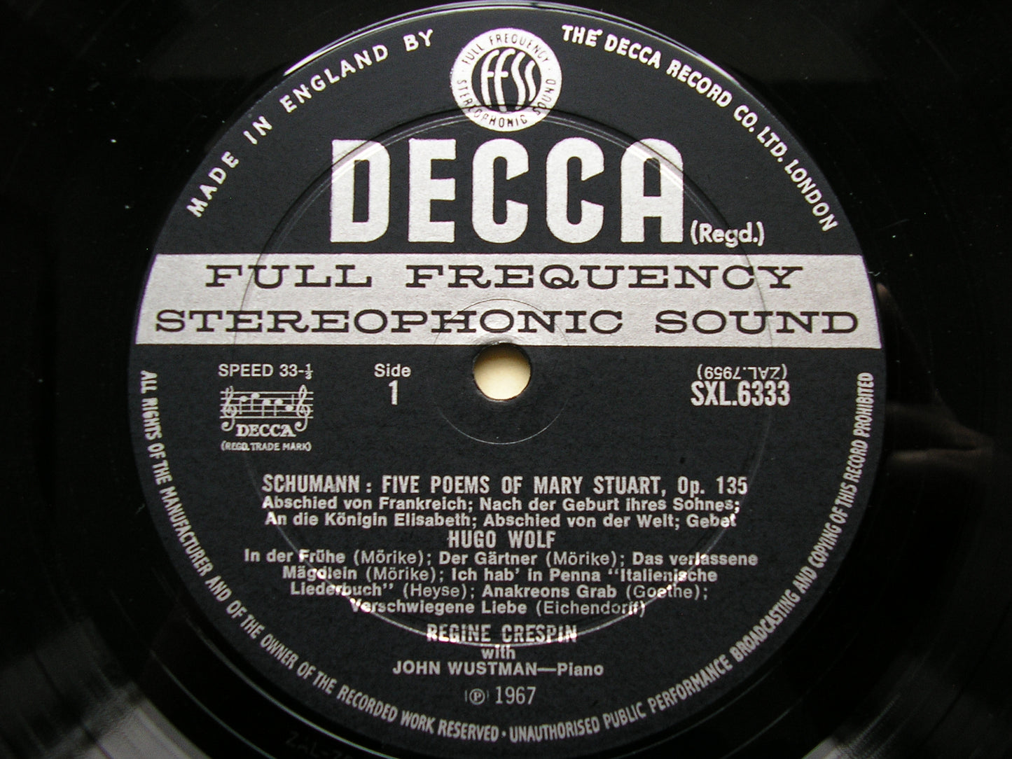 SXL 6333  SCHUMANN / WOLF / DEBUSSY / POULENC: SONGS      REGINE CRESPIN / JOHN WUSTMAN   ED2