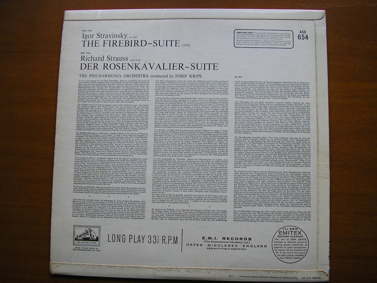 STRAUSS: ROSENKAVALIER Suite / STRAVINSKY: FIREBIRD Suite (1919)      KRIPS / PHILHARMONIA ORCHESTRA     ASD 654