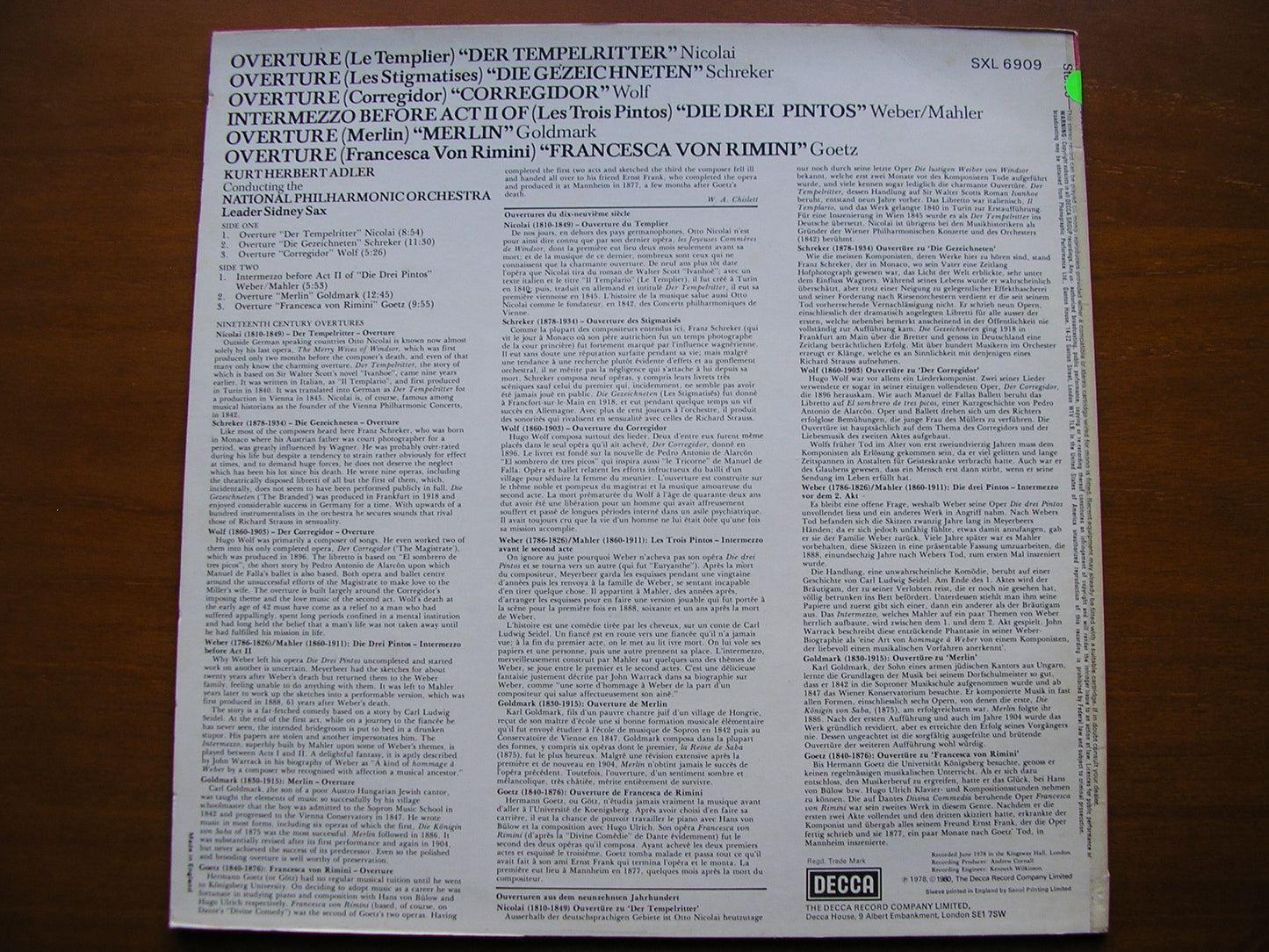 OVERTURE: NICOLAI / SCHREKER / WOLF / WEBER / GOLDMARK / GOETZ    NATIONAL PHILHARMONIC ORCHESTRA / ADLER     test pressing     SXL 6909