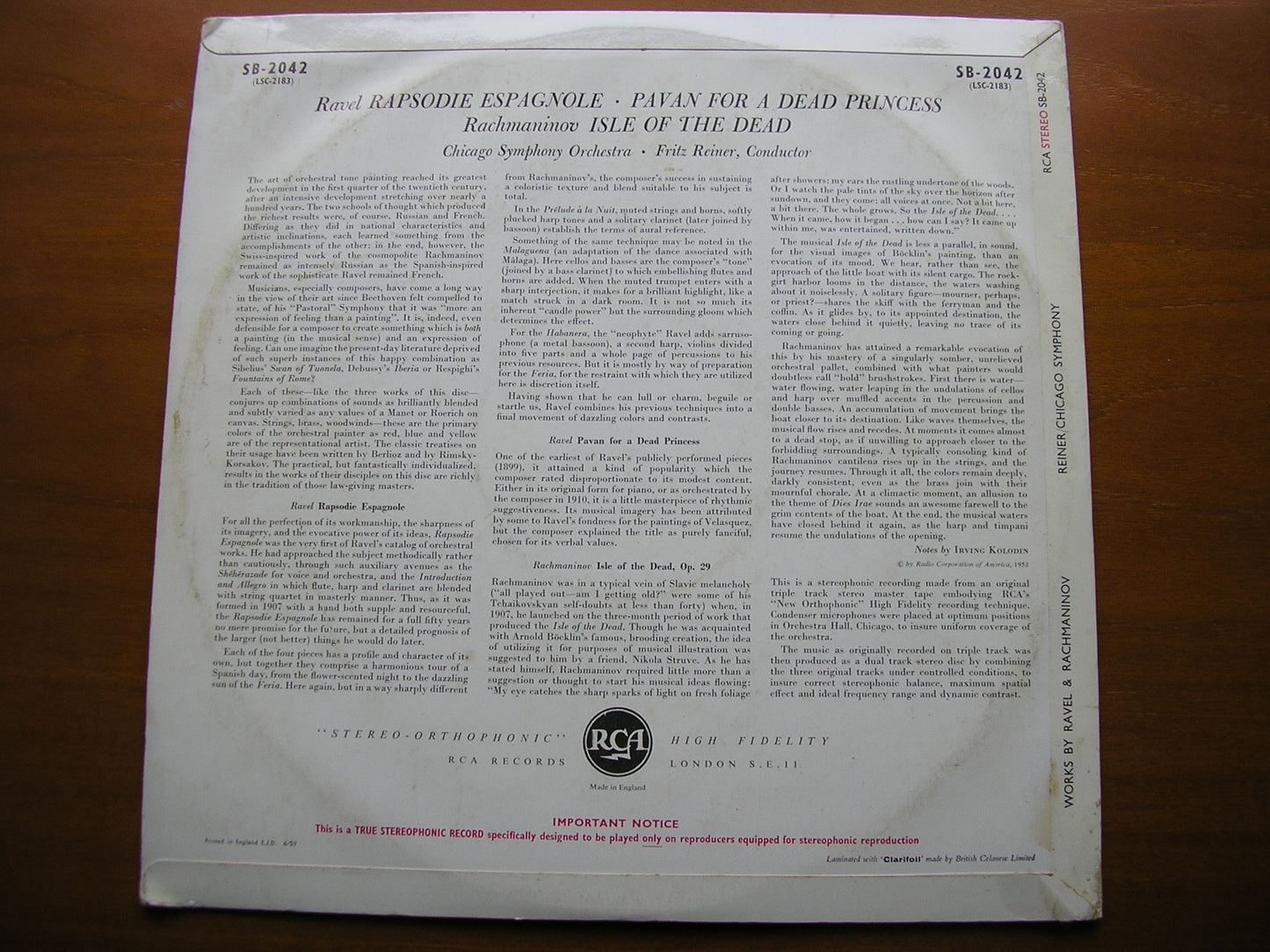 RAVEL: RAPSODIE / PAVANE / RACHMANINOV: ISLE OF THE DEAD   REINER / CHICAGO SYMPHONY   SB 2042