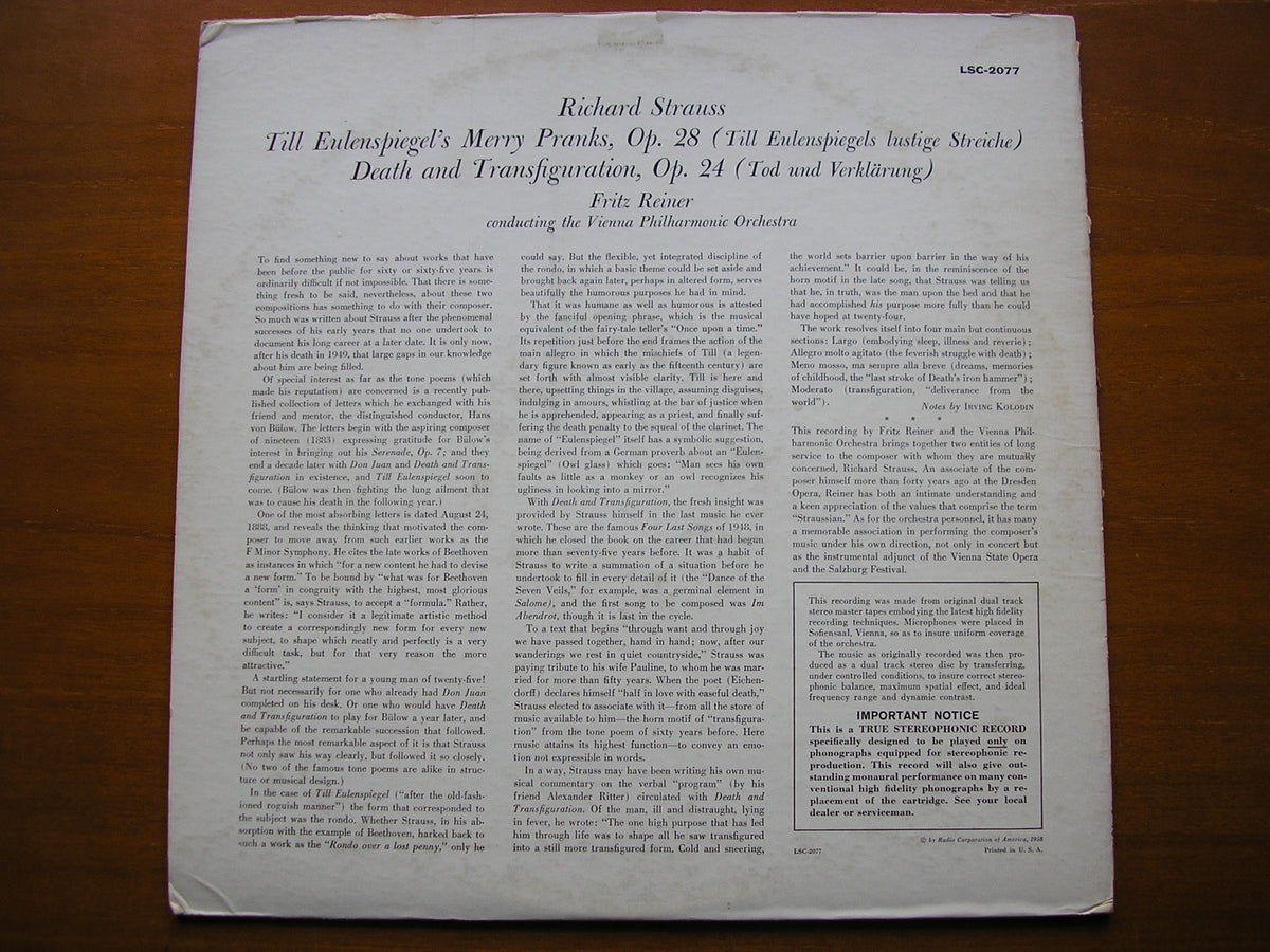STRAUSS: TILL EULENSPIEGEL / TOD UND VERKLARUNG        REINER / CHICAGO SYMPHONY     LSC 2077