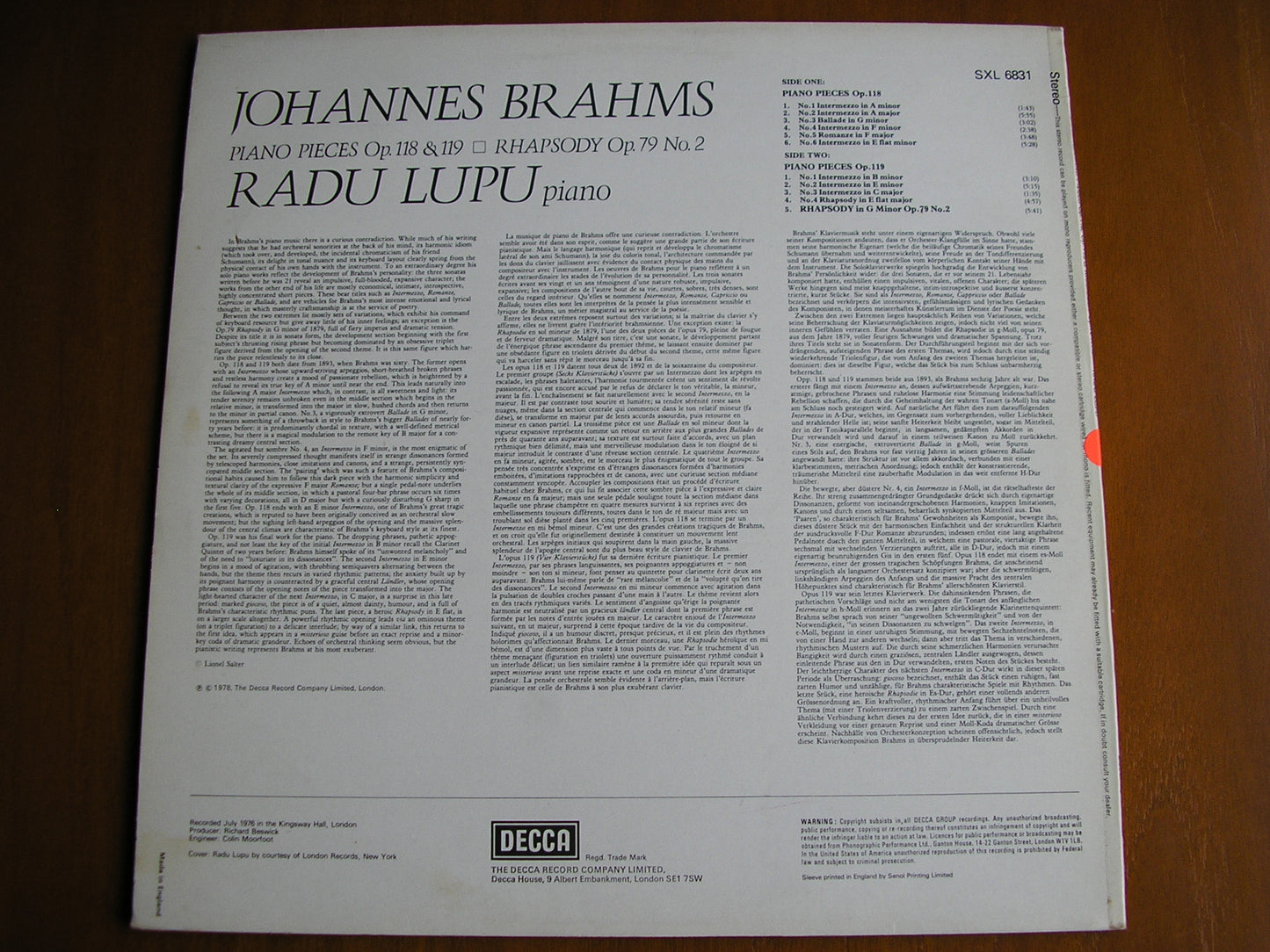 BRAHMS: PIANO PIECES Op. 118 & 119 / RHAPSODY Op. 79 No. 2       RADU LUPU   test pressing     SXL 6831