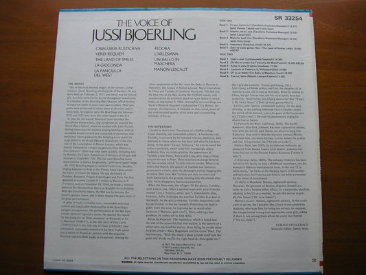 THE VOICE OF JUSSI BJOERLING: ARIAS BY VERDI / PUCCINI / CILEA / GIORDANO / MASCAGNI / LEHAR      SR 33254