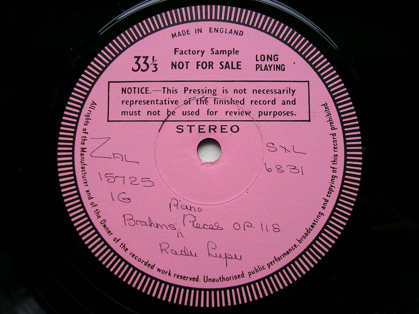 BRAHMS: PIANO PIECES Op. 118 & 119 / RHAPSODY Op. 79 No. 2       RADU LUPU   test pressing     SXL 6831