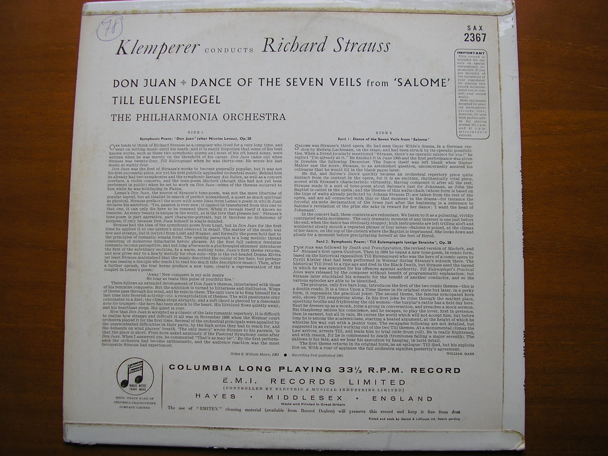 STRAUSS: TILL EULENSPIEGEL / DON JUAN . DANCE OF THE SEVEN VEILS     KLEMPERER / PHILHARMONIA     SAX 2367