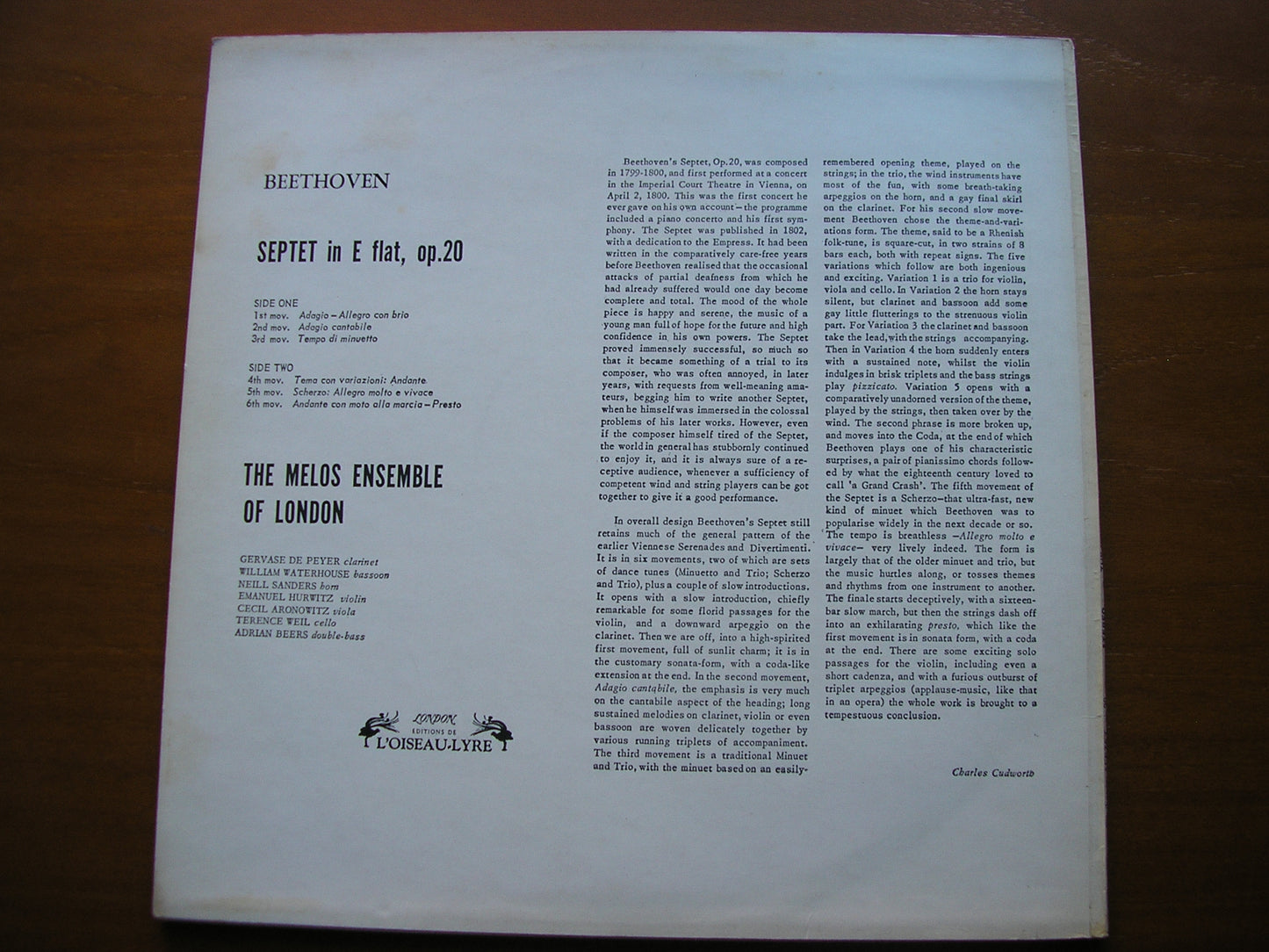 BEETHOVEN: SEPTET in E    THE MELOS ENSEMBLE    SOL 60015