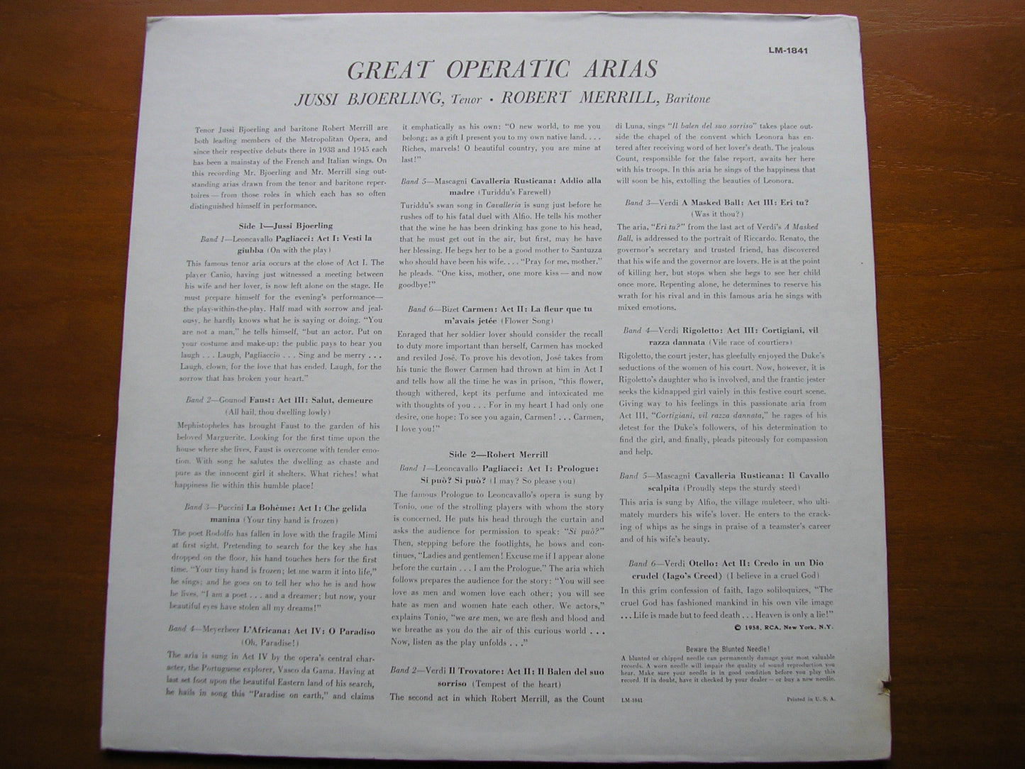 OPERA ARIAS: LEONCAVALLO / PUCCINI / MEYERBEER / BIZET / GOUNOD / VERDI / MASCAGNI     BJOERLING / MERRILL      LM 1841