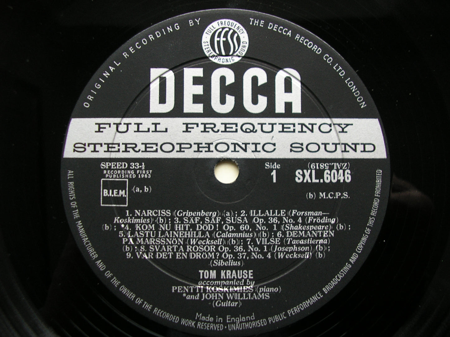 SXL 6046  SIBELIUS / RICHARD STRAUSS: SONGS     TOM KRAUSE / PENTTI KOSKIMIES /JOHN WILLIAMS      ED1