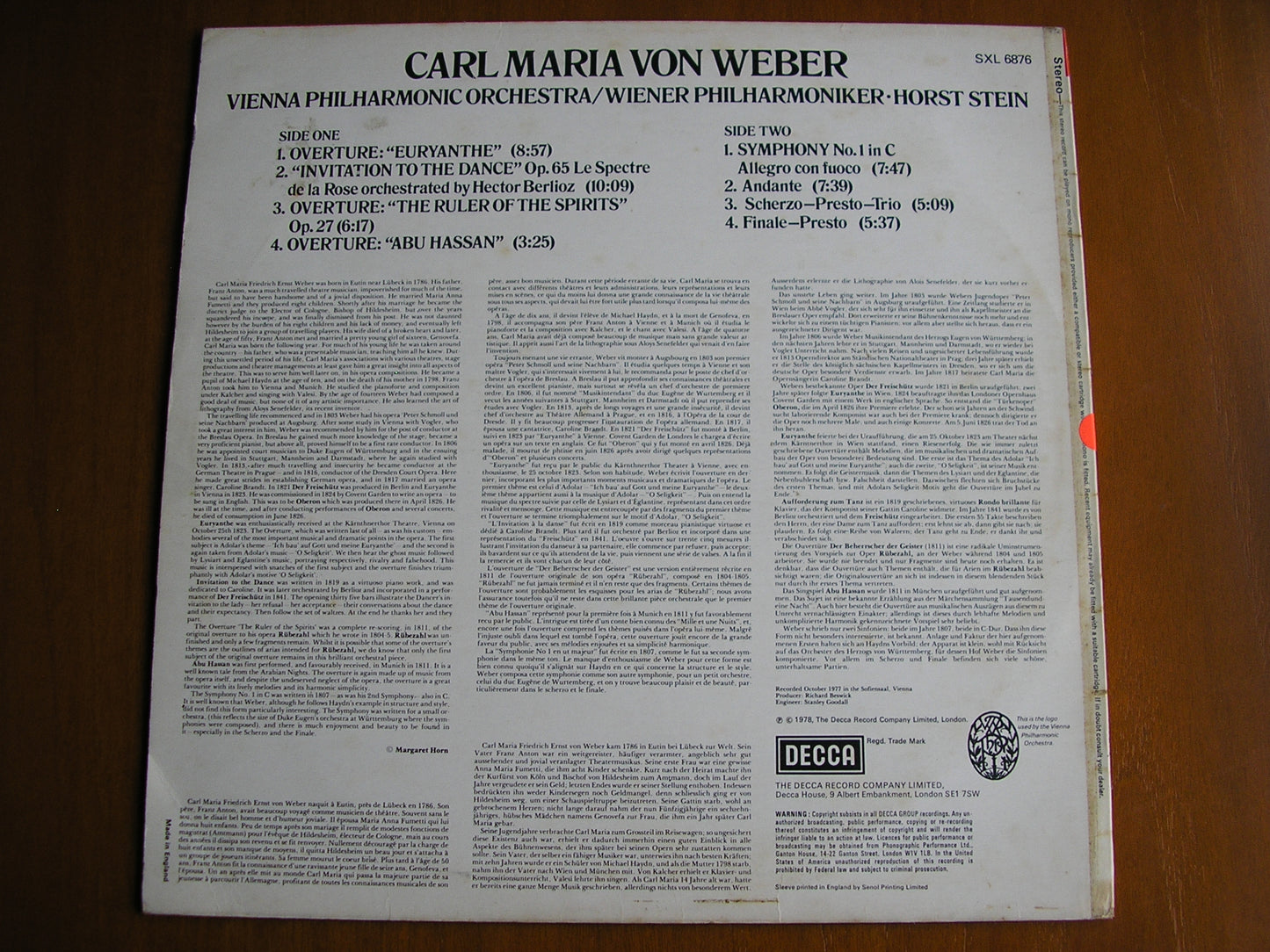 WEBER: SYMPHONYN No. 1 / OVERTURES / INVITATION TO THE DANCE   STEIN / VIENNA PHILHARMONIC   test pressing     SXL 6876