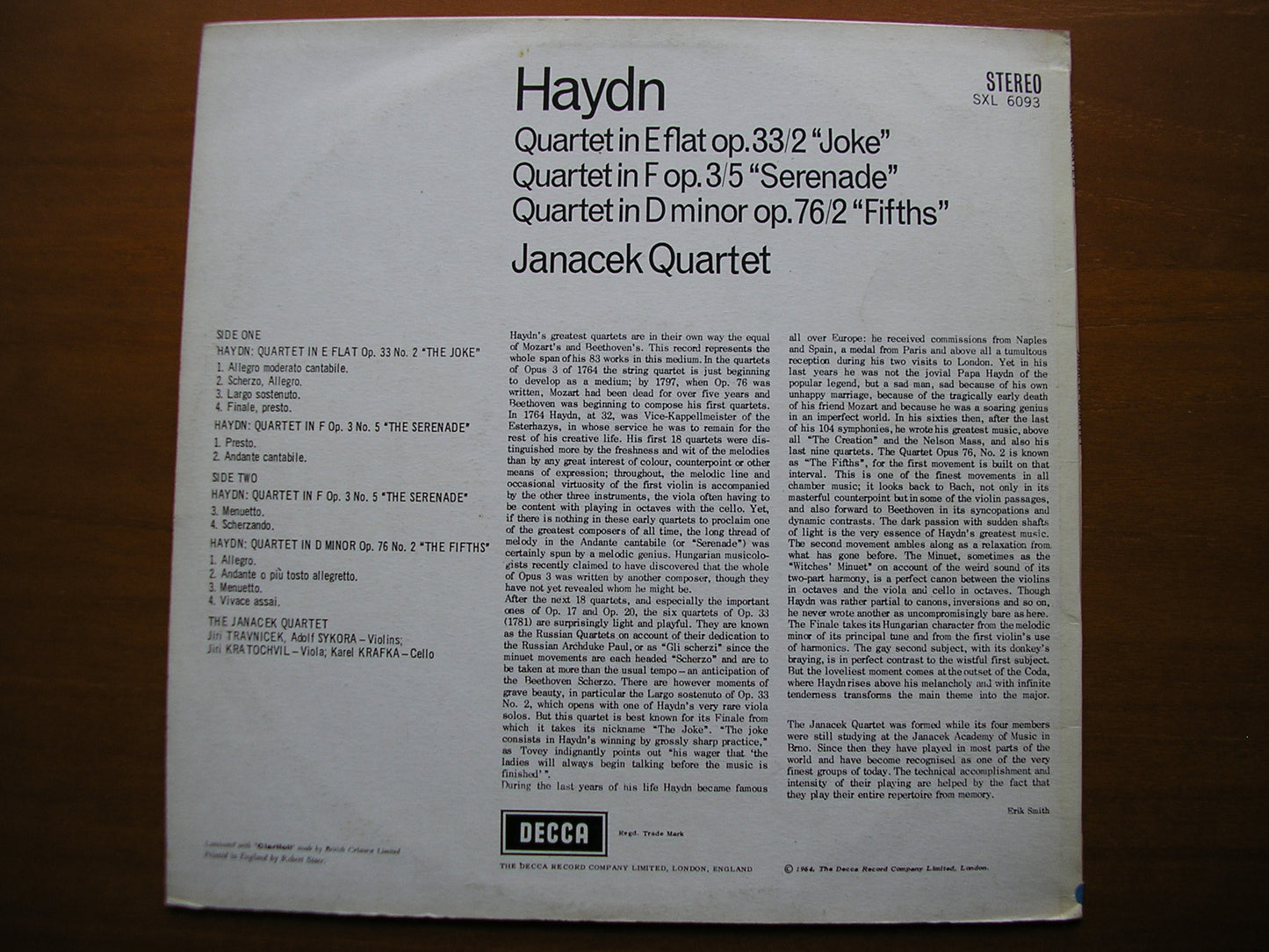 SXL 6093  HAYDN: THREE STRING QUARTETS       JANACEK QUARTET      ED1