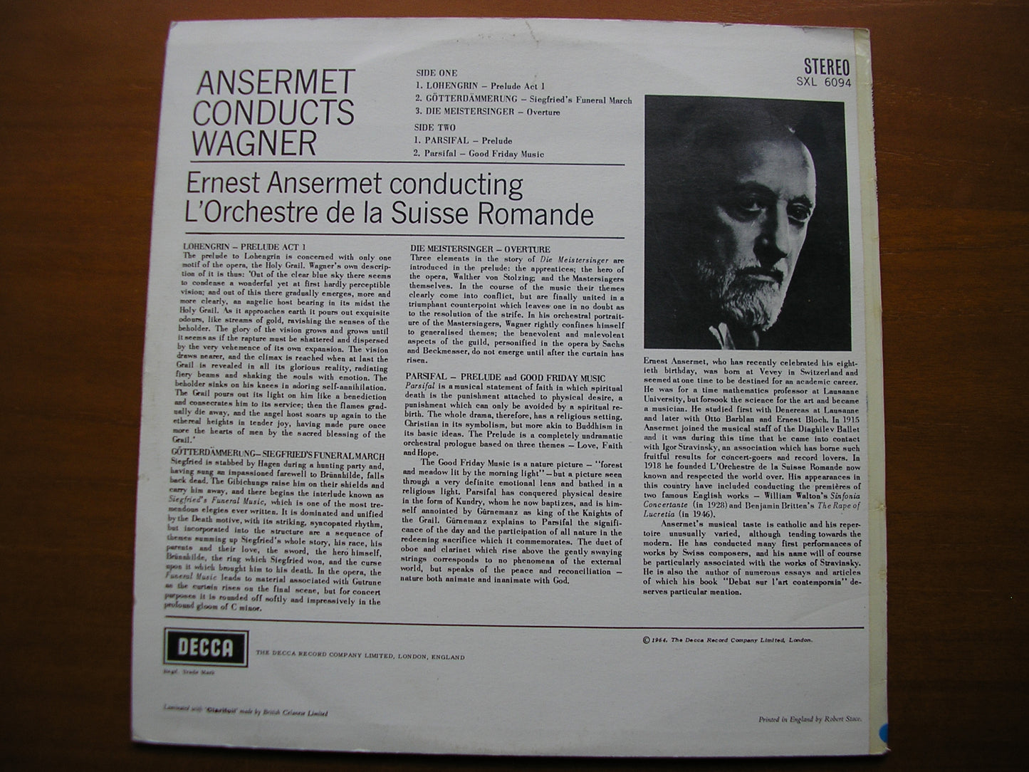 SXL 6094  ANSERMET CONDUCTS WAGNER: LOHENGRIN / PARSIFAL / DIE MEISTERSINGER / TWILIGHT OF THE GODS      ED1